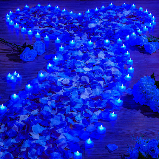 Coume 6000 Pieces Artificial Rose Petal 72 Pieces LED Tealights Candle, Romantic Decorations Special Night Rose Petal Heart Candle for Valentines Wedding Anniversary Proposal Decor(Cute Blue Light)