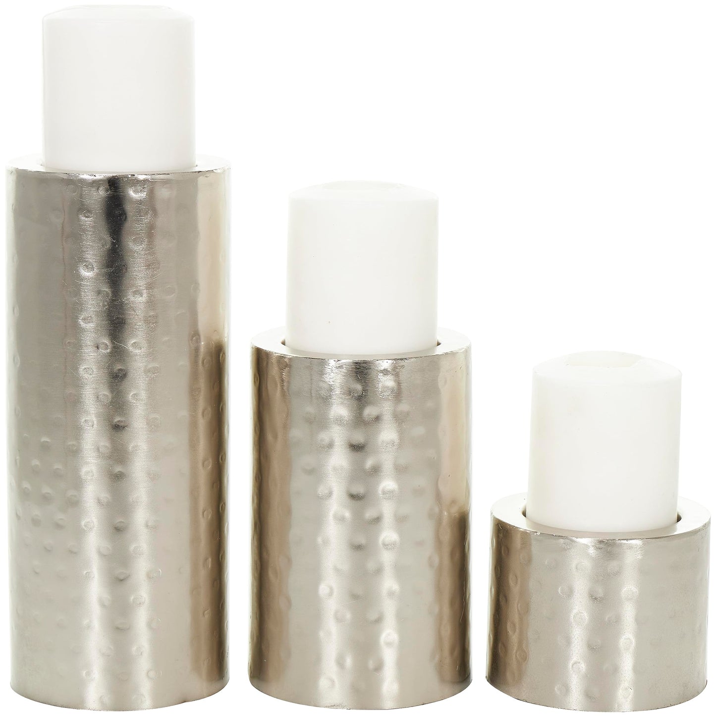 CosmoLiving by Cosmopolitan Metal Handmade Pillar Candle Holder, Set of 3 11", 7", 4"H, Silver