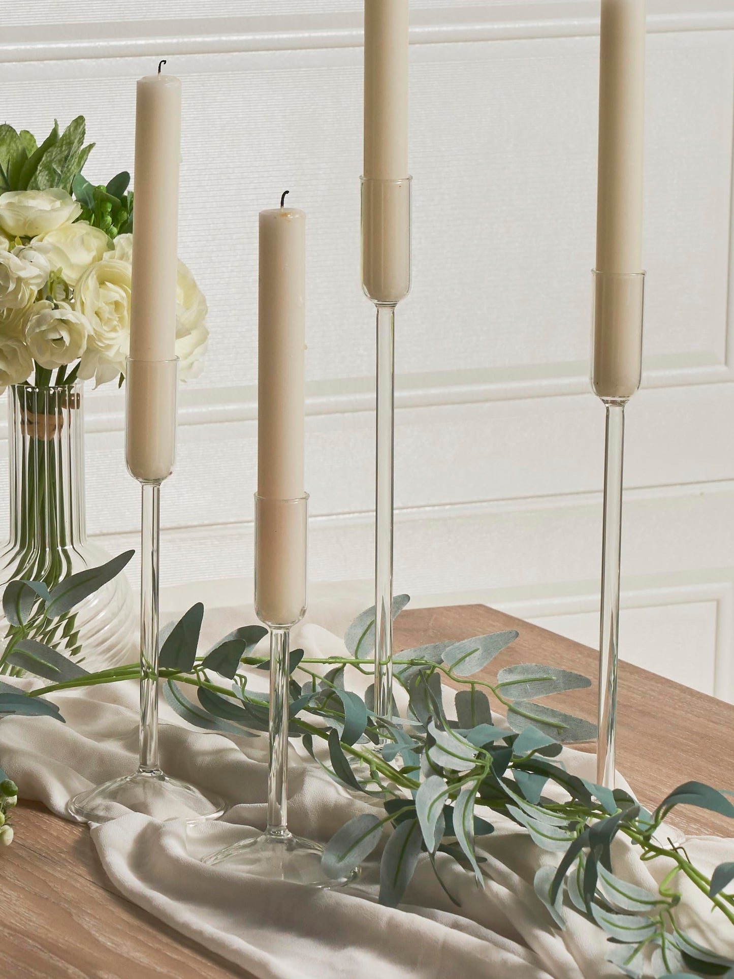 Willceka Candle Holder, Glass Taper Candle Tall Candlestick Holder, 4 Different Heights, for Table Centerpiece, Wedding, Party, Clear, 8pcs