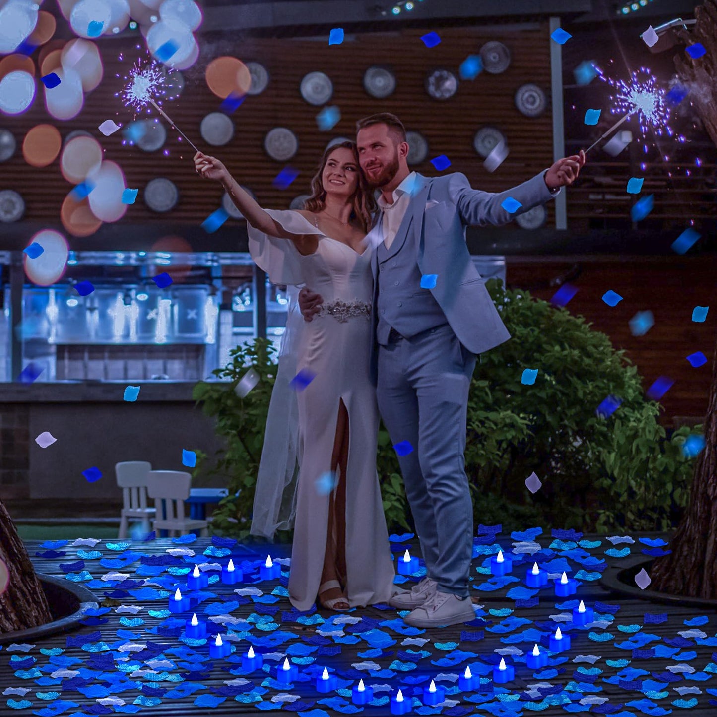 Coume 6000 Pieces Artificial Rose Petal 72 Pieces LED Tealights Candle, Romantic Decorations Special Night Rose Petal Heart Candle for Valentines Wedding Anniversary Proposal Decor(Cute Blue Light)