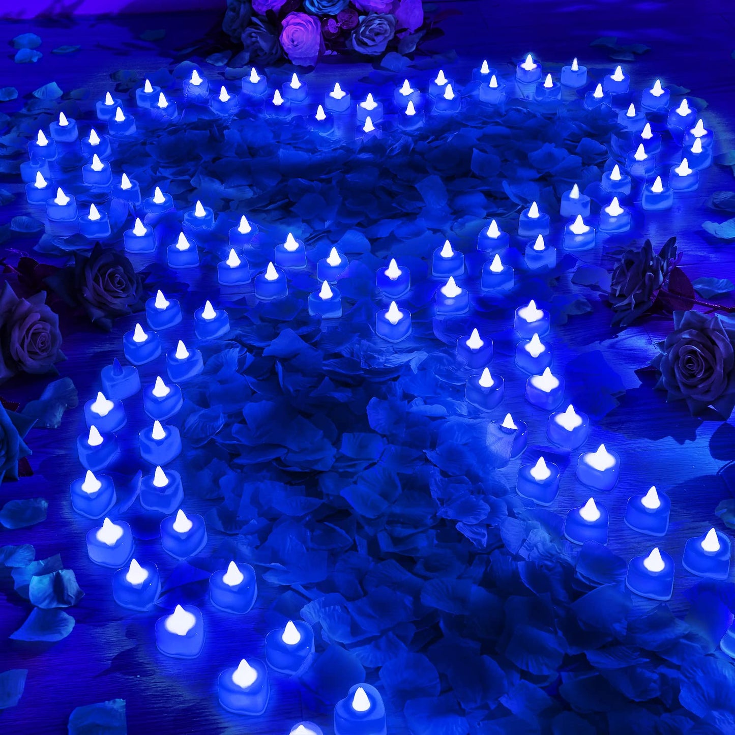 Coume 120 Pcs Romantic LED Heart-Shaped Candles with 6000 Rose Petals Set, Perfect for Weddings Anniversaries, Proposal, Date, Valentine's Day, Hotel, Battery-Operated, Reusable (Blue Light)