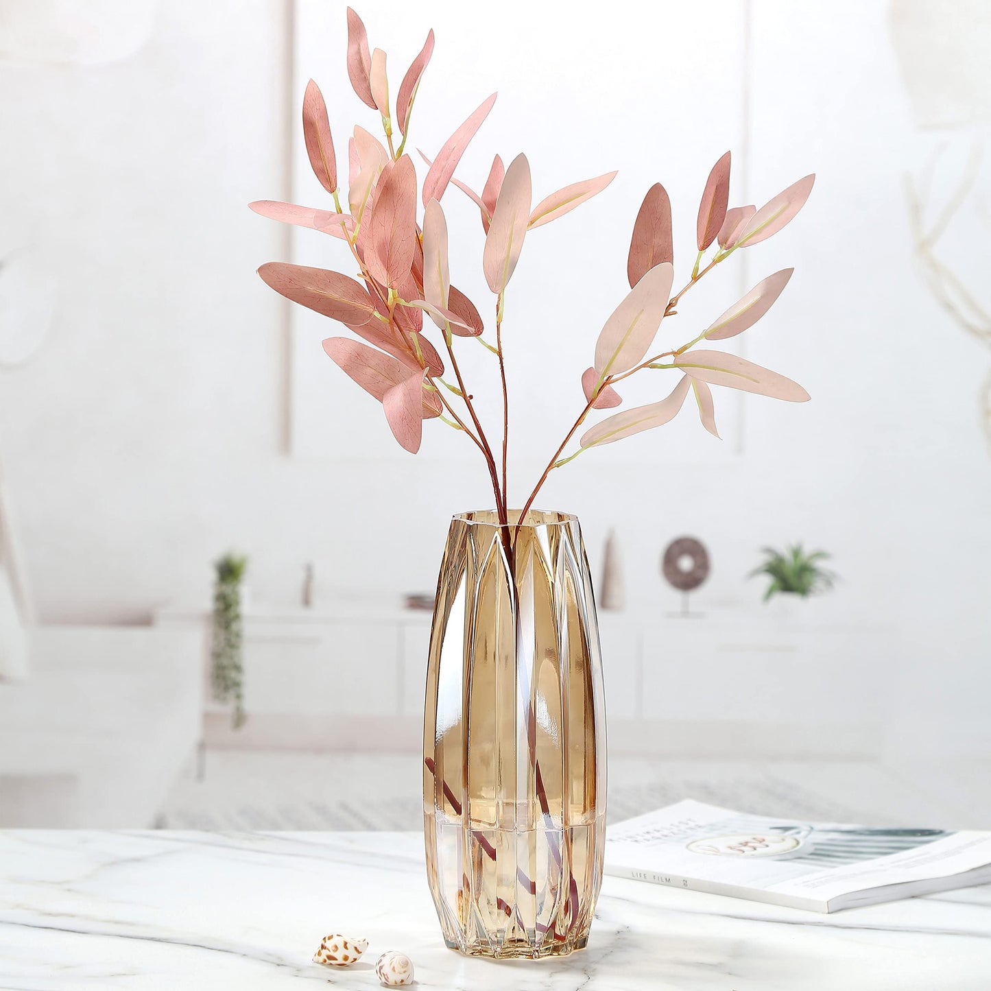 Lucky Bird Amber Glass Vase - Modern Tall/Short Ribbed Vase for Flowers & Candles - Amber H11.8" Centerpiece HomeDecor
