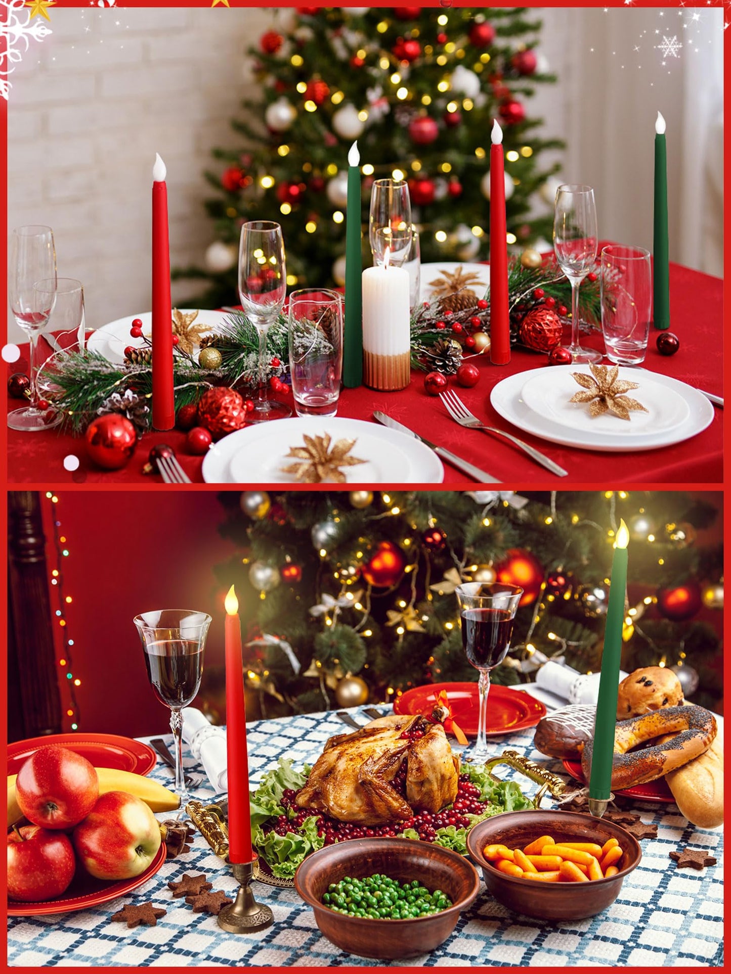 Funtery 48 Pcs Flameless LED Taper Candles Battery Operated Candles Bulk Realistic LED Candlesticks Flickering for Wedding Church Graduation Party Home Decor(Red, Green,Classic Style)