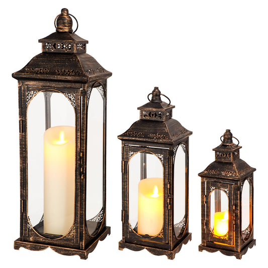 TRIROCKS Set of 3 Vintage Candle Lanterns 10/14/19.5''H Decorative Outdoor Lantern Metal Candle Holder with Tempered Glass for Home Living Room Garden Yard Event Indoor Outdoor (Black with Gold Brush)