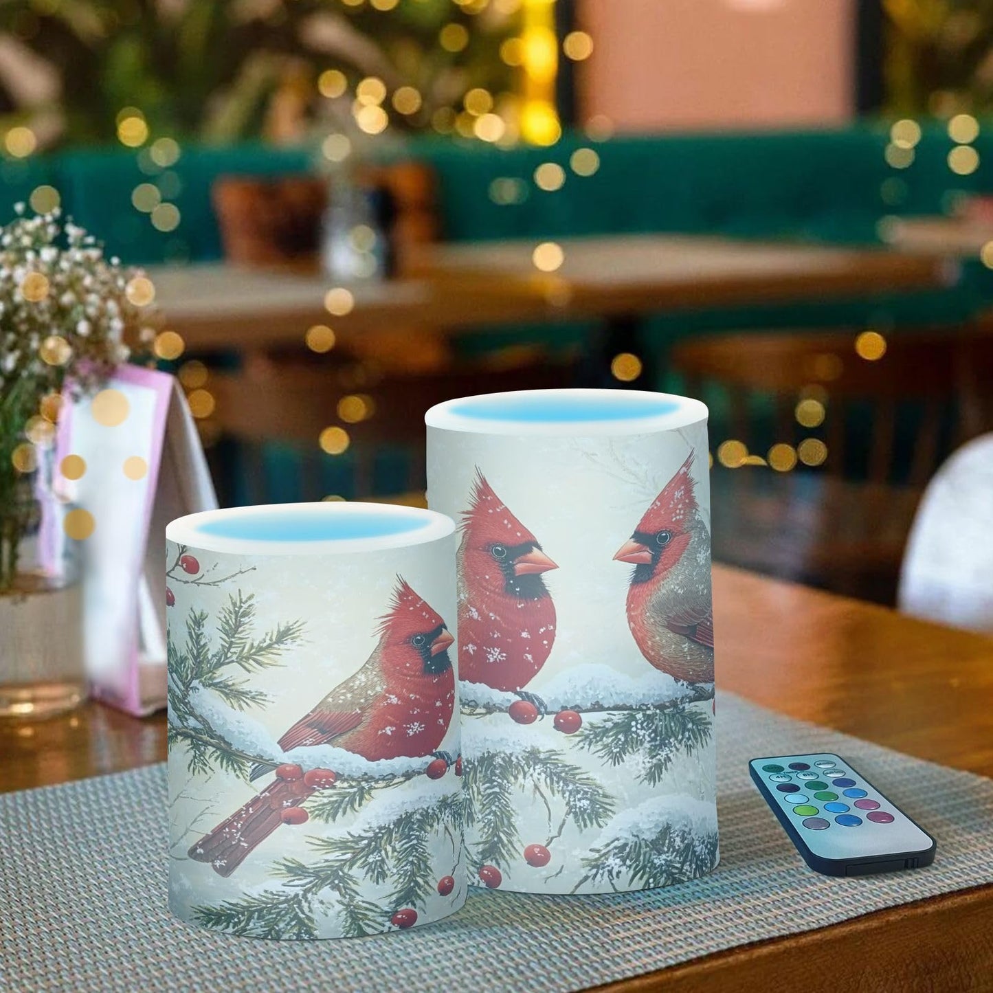 ALAZA Red Cardinals Birds Snowflake Branches Berries Winter Flameless Candles Flickering LED Candles with Remote Timer Battery Operated Pillar Candles Set of 2 for Dinner Holiday Decor