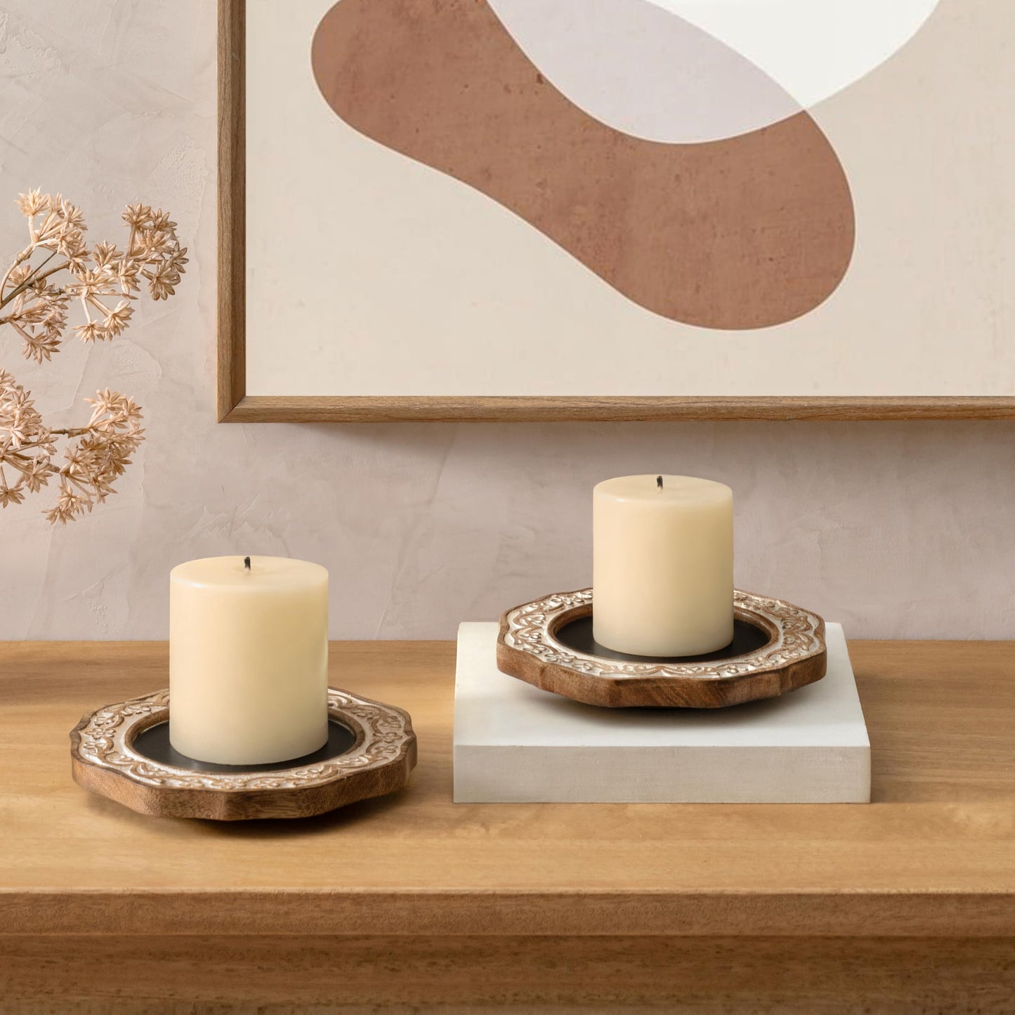 JFY Designs Hand Carved Solid Wood Candle Centerpiece Set of 2 - Pillar Candle Holders Decorative Candlestick Holder for Home Décor, Wedding, Dinning, Party