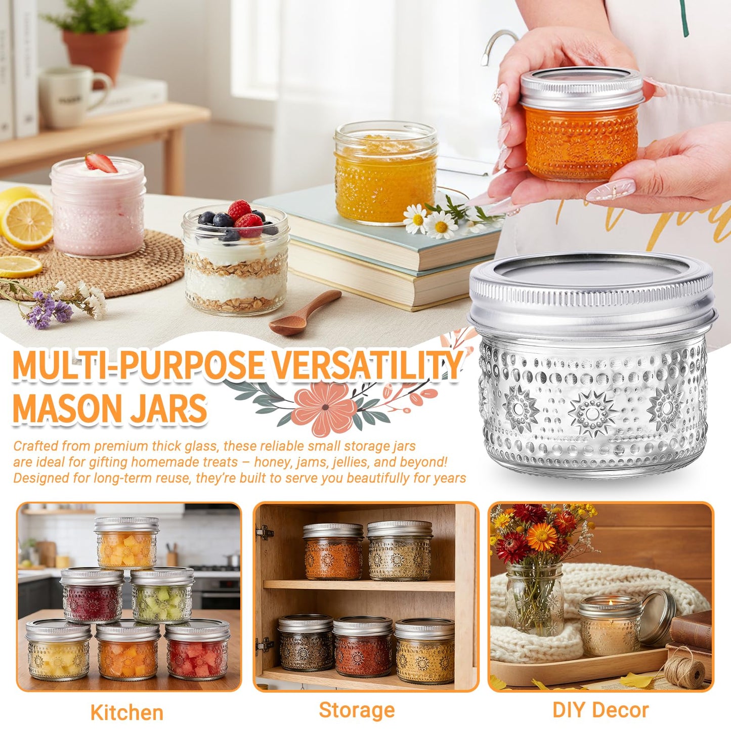 igoelove 4 oz Mason Jars with Embossed Pattern 24 Pack | Small Canning Jars with Airtight Lids | Mini Glass jars for Jams, Jelly, Honey, Spices, DIY Candles, Wedding Favors and Gift Packaging