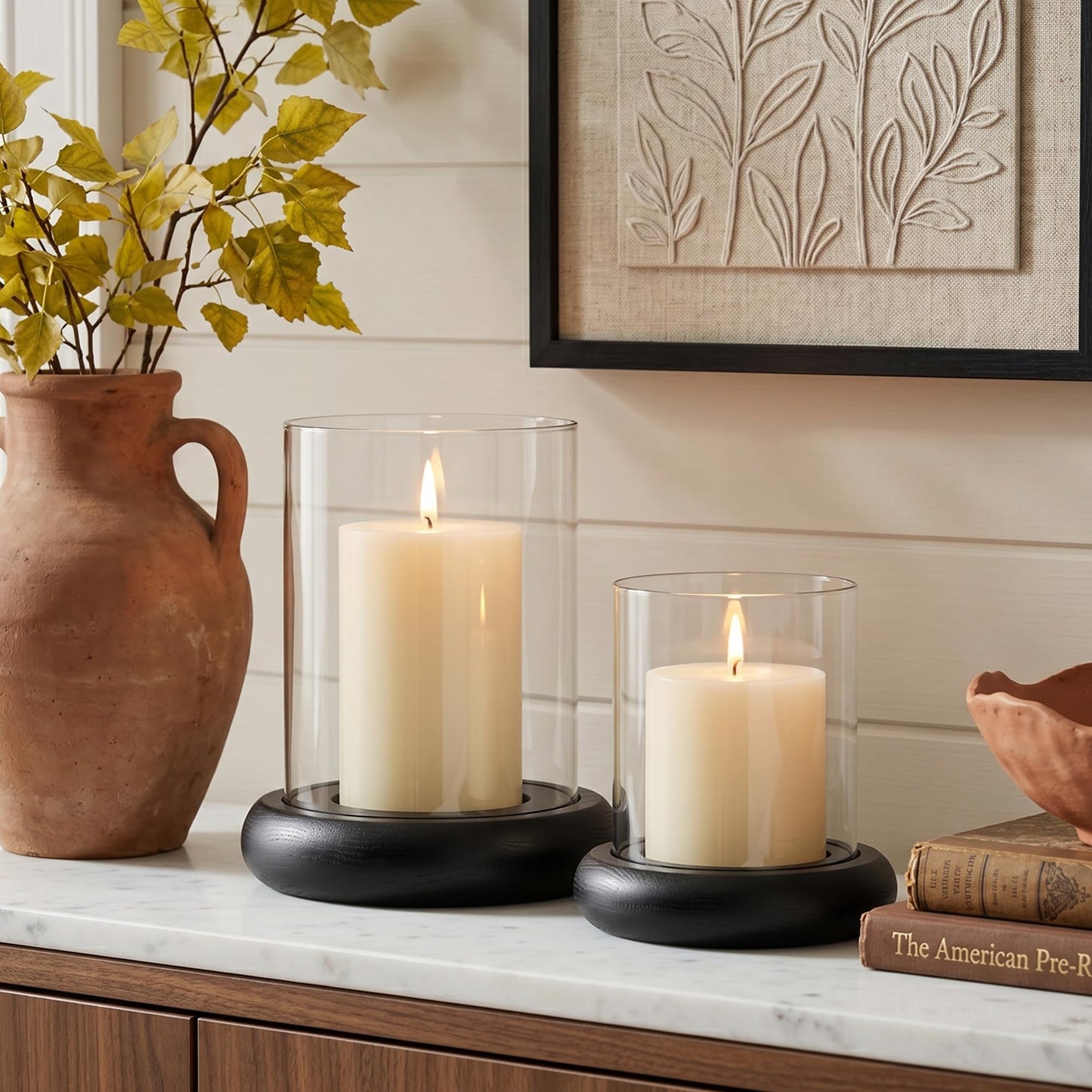 Set of 2 Black Hurricane Candle Holders with Wood Base, Modern Windproof Glass Cylinder Lantern, Farmhouse Pillar Candle Holder Decor for Table Centerpieces, Living Room, Patio & Kitchen Dining