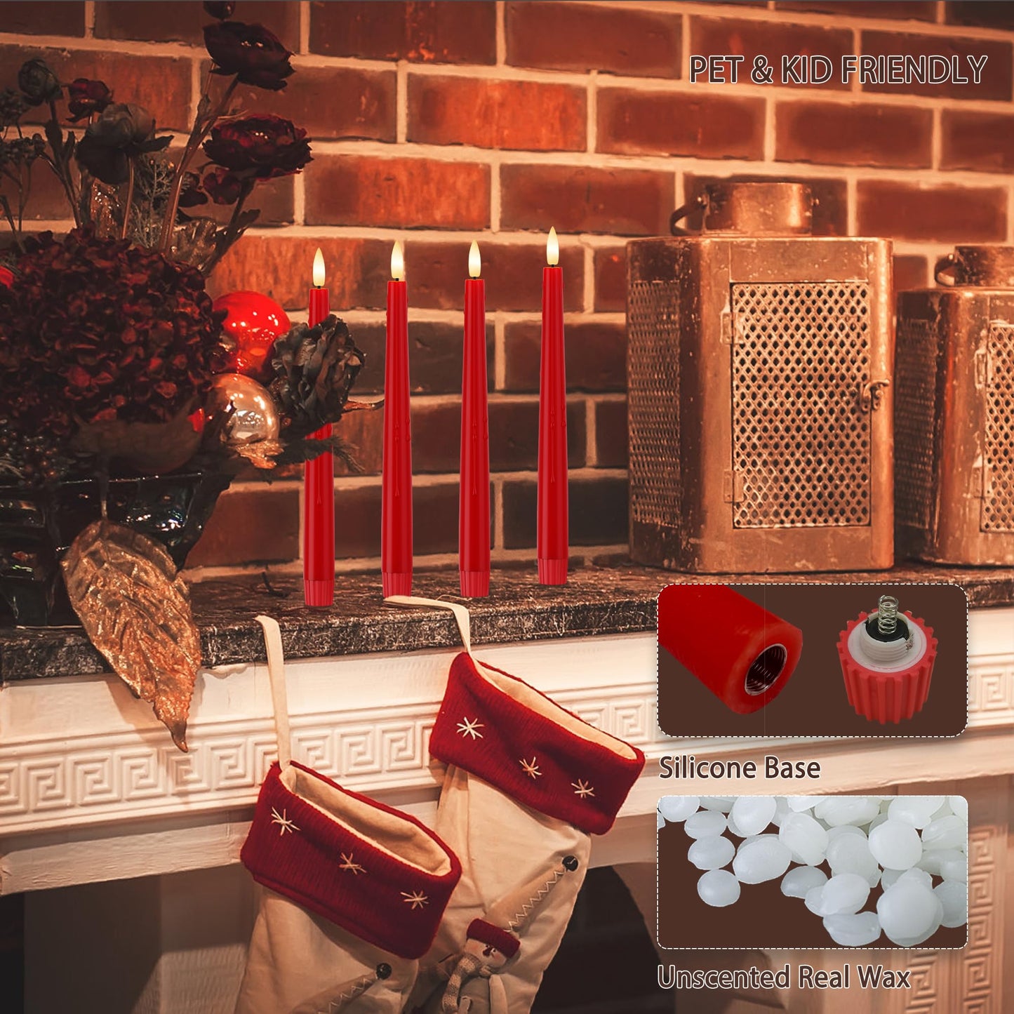 Red Flameless Taper Candles 9.6" Christmas LED Candles Real Wax with Remote Timer, Battery Operated LED Candles Set with 3D Flickering Flame, Classic Flickering Candlesticks for Home, Party, 3 Pack