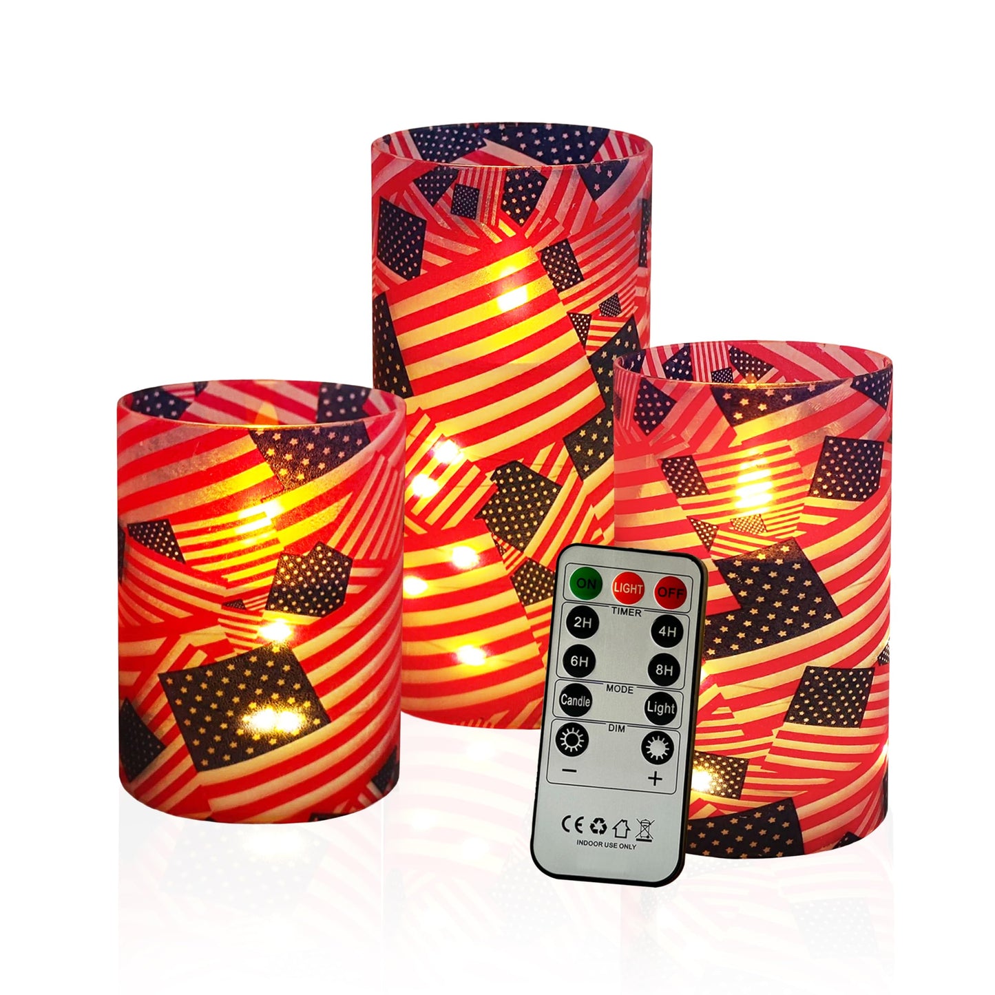 Patriotic Flickering Flameless Candles Stars and Stripes US Flag, Embedded Star String Lights, Battery Operated Acrylic LED Pillar Candles with 11-Key Remote and Timer for Home Decoration, 3 Pack