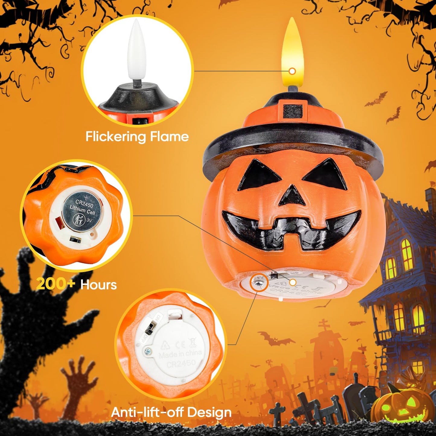 Homemory Real Wax Pumpkin Candles, 2 Pcs Flickering Flameless Candles with 6hrs Timer, LED Halloween Pumpkin Lamp, Battery Operated Lights for Home Halloween Decor, Theme Party, Orange