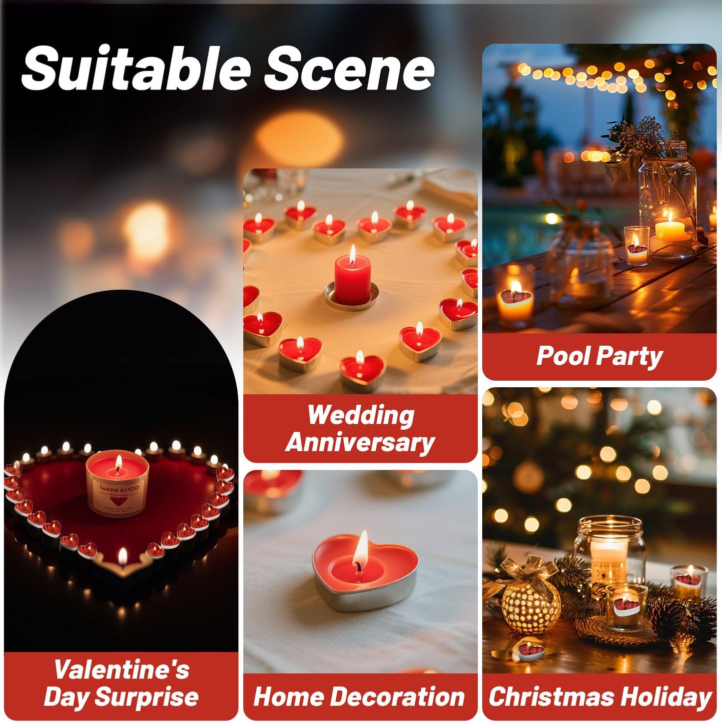 30 Pcs Tea Lights Candles, Heart Shaped Unscented Smokeless Soy Wax Tea Candles Tealights for Romantic Dating, Wedding, Anniversary (Red)