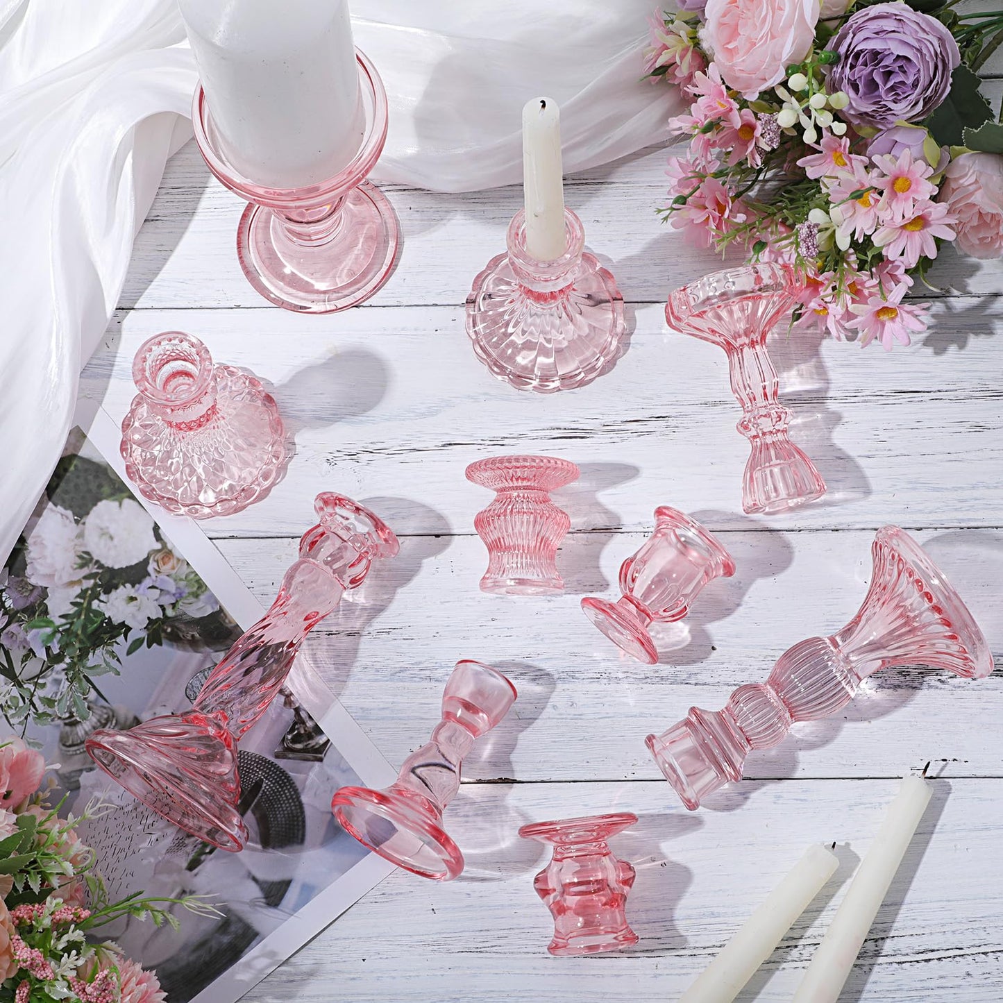 Mumufy 20 Pcs Glass Crystal Taper Candle Holders Clear Glass Candlestick Holder Fit 0.8 Inch Candles Crystal Decorative Candle Stand Centerpiece Table Wedding Dining Party(Pink)