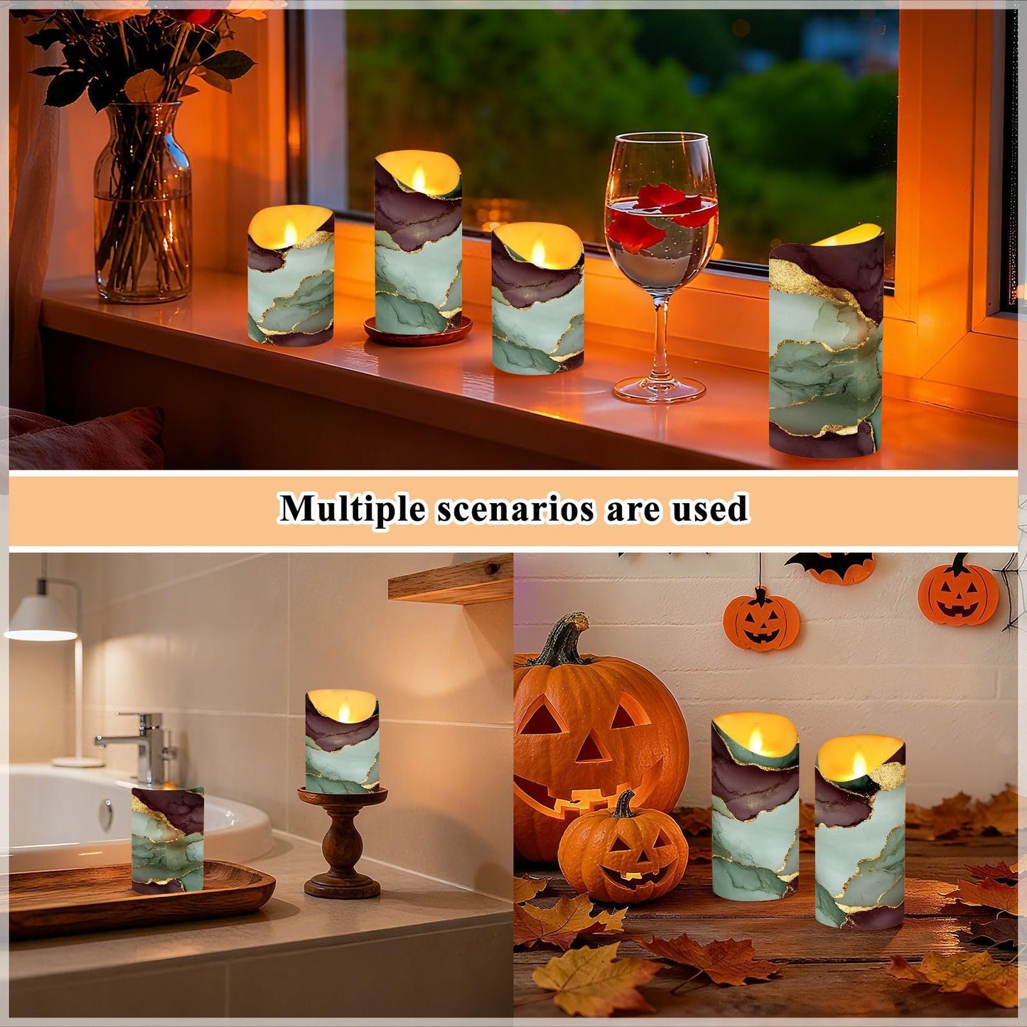 famyily Indoor Flameless Candles with Timer 2/4/6/8H Timer Flameless Candles for Office Reception Desk 5.9x3in - Marble Sage Green Burgundy
