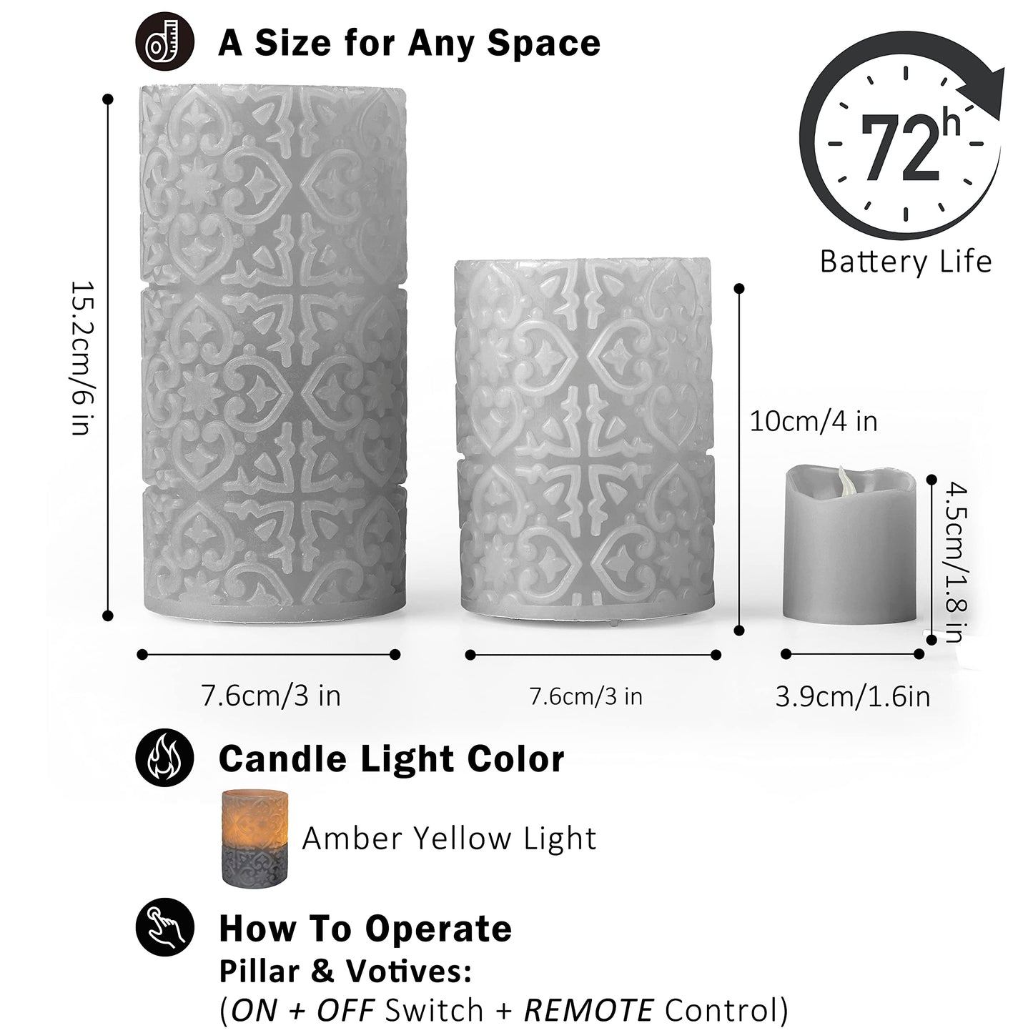 FURORA LIGHTING Grey Rome Flameless Candles - Real Wax, Adjustable Brightness, Remote & Timer - 4 Pillars (3x4, 3x6) and 4 Votives, 8-Pack, Battery Operated