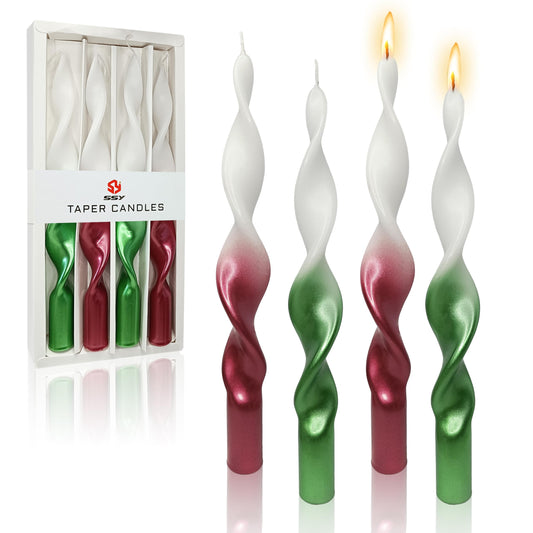 10 Inches Christmas Spiral Taper Candles Colorful Twisted Candle Dripless Long Candles, Handmade Candlesticks for Wedding Dinner Decor, Set of 4(Gradient Metallic Red Green)