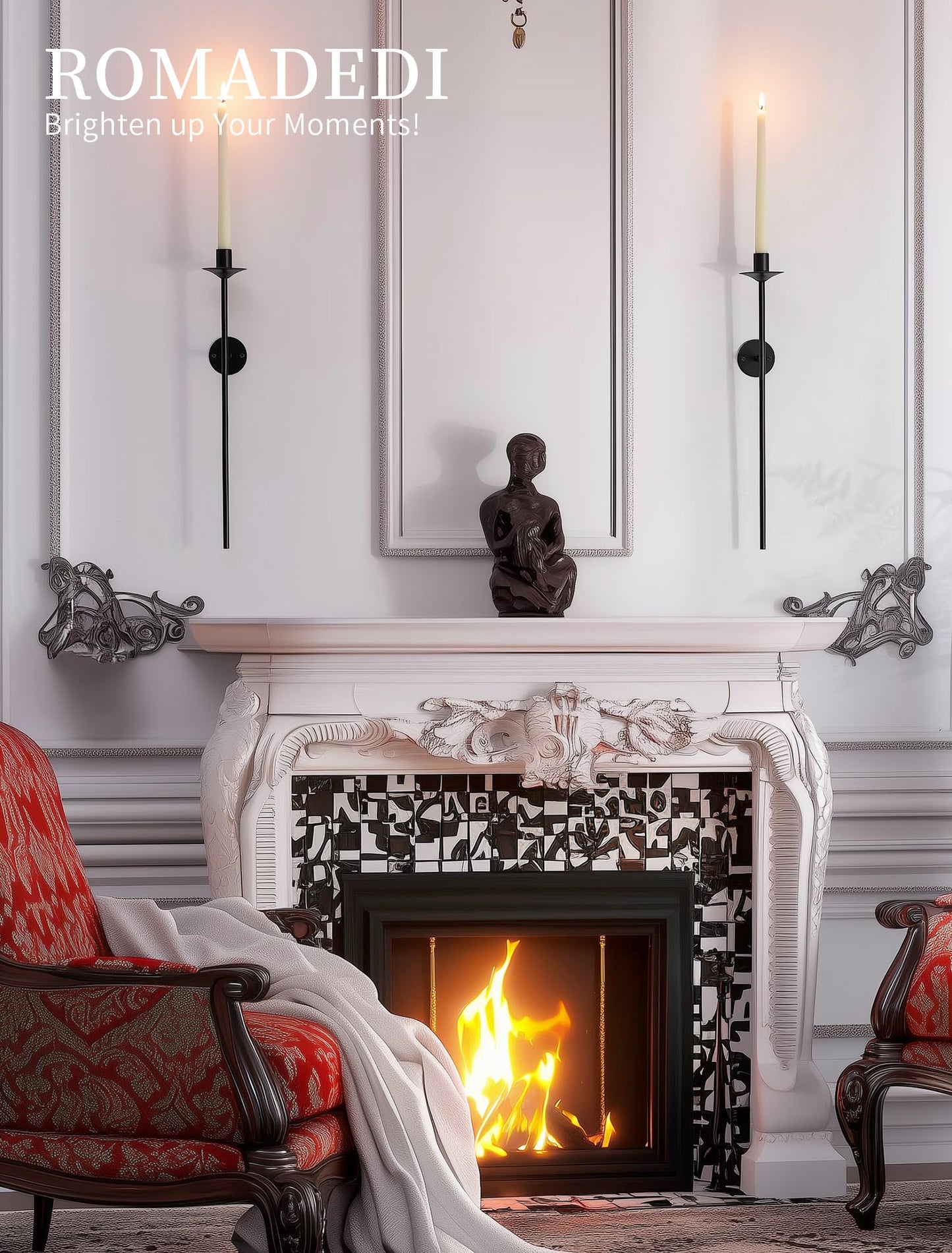Romadedi Wall Candle Sconce Black - Set of 2 Mount Metal Wall Sconces for Candlestick Taper Holders for Farmhouse Living Room Mantel Fireplace Bathroom Office Decor