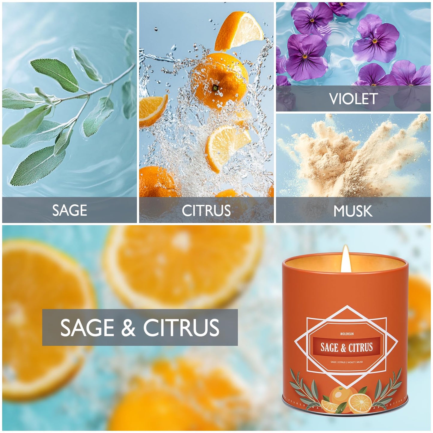 Sage & Citrus Candle, Scented Candles Gifts for Women Men, Candles for Home Scented, 9 oz Soy Wax Candle, Aromatherapy Tin Jar Candle