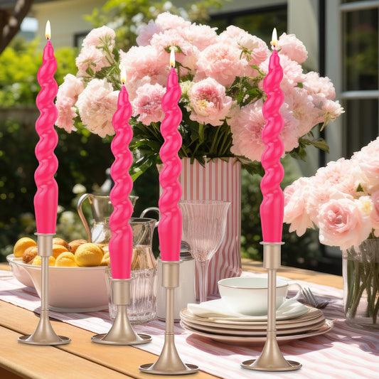 Zhengmy 4 Pcs Hot Pink Spiral Taper Candlestick 7 Inch Twisted Long Wax Dinner Candle for Valentines Wedding Birthday Anniversary Baby Shower Table Decor(Solid)