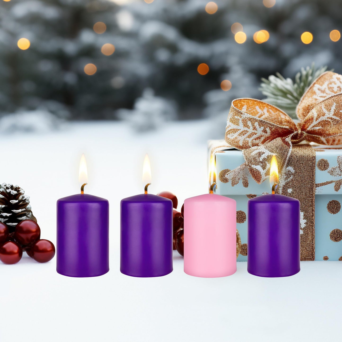 Mega Candles 4 pcs Unscented Christmas Advent Candles Set, Hand Poured Premium Wax Dome Top Round Pillar Candle 2 Inch x 3 Inch, Holidays, Festivities, Devotional, Church, Wreath, Party, Gifts