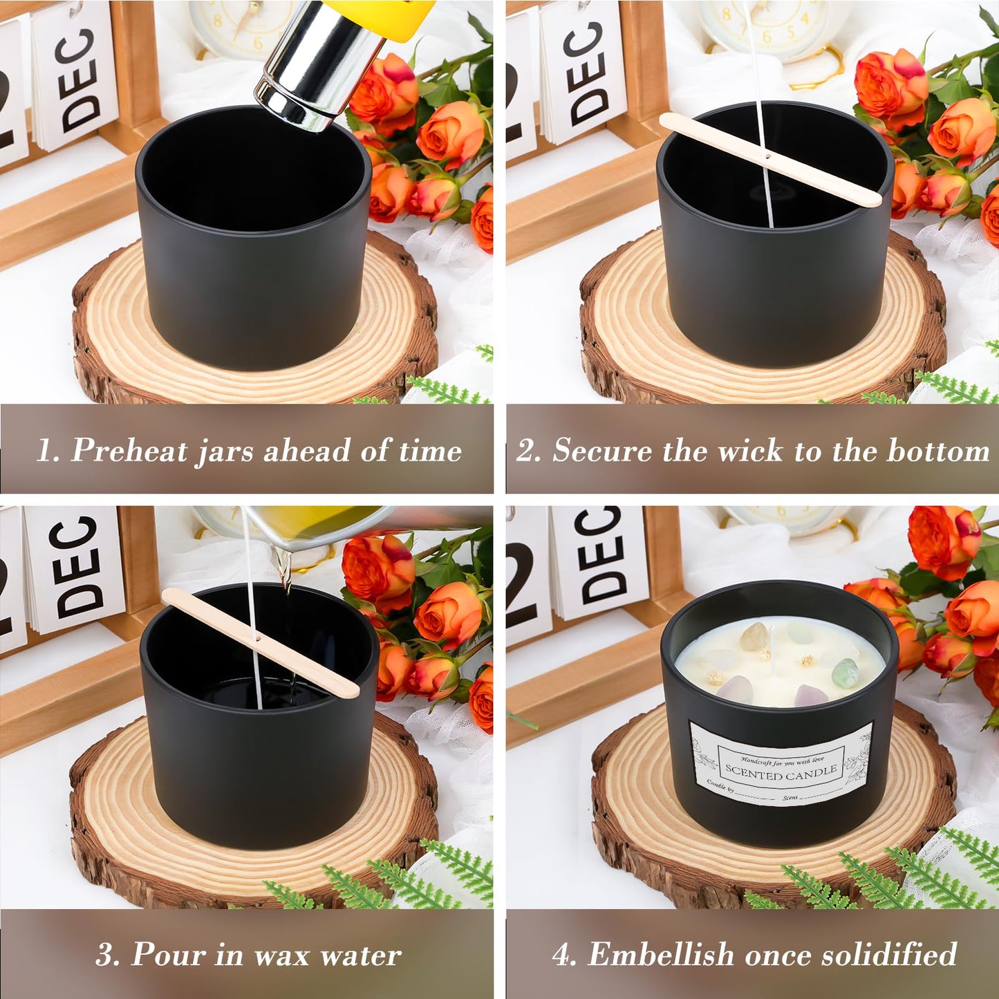 CONNOO 8 Pack 12 OZ Black Glass Wide Mouth Candle Jars for Making Candles with Airtight Bamboo Lids Nice Sticky Warning Labels for Candle Making Empty Container Bulk - Dishwasher Safe