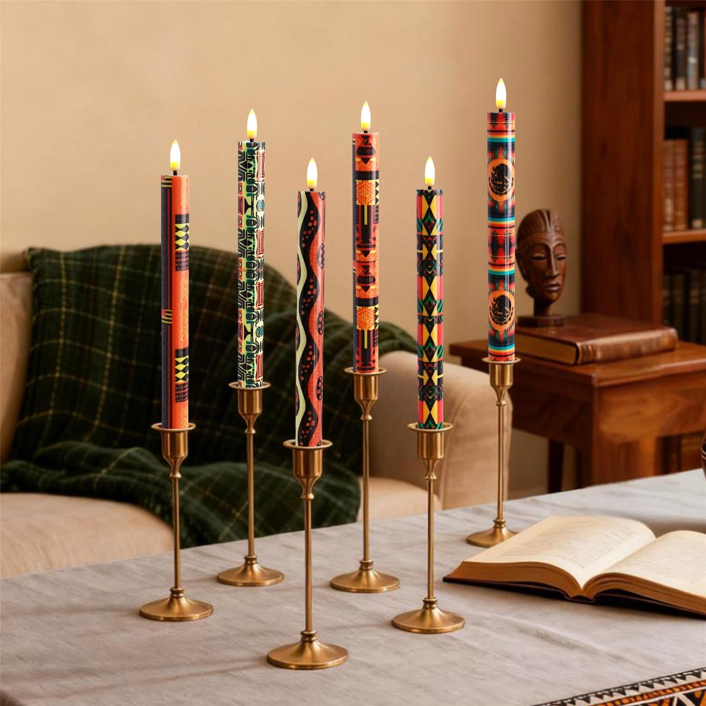 Gedengni African LED Candles Flameless Candlesticks-6pcs Timer Traditional Tribal Battery Operated Candle Remote Floral LED Taper Candles Lights for Home Wedding Party Dinner Windows Decor-P6AFRI