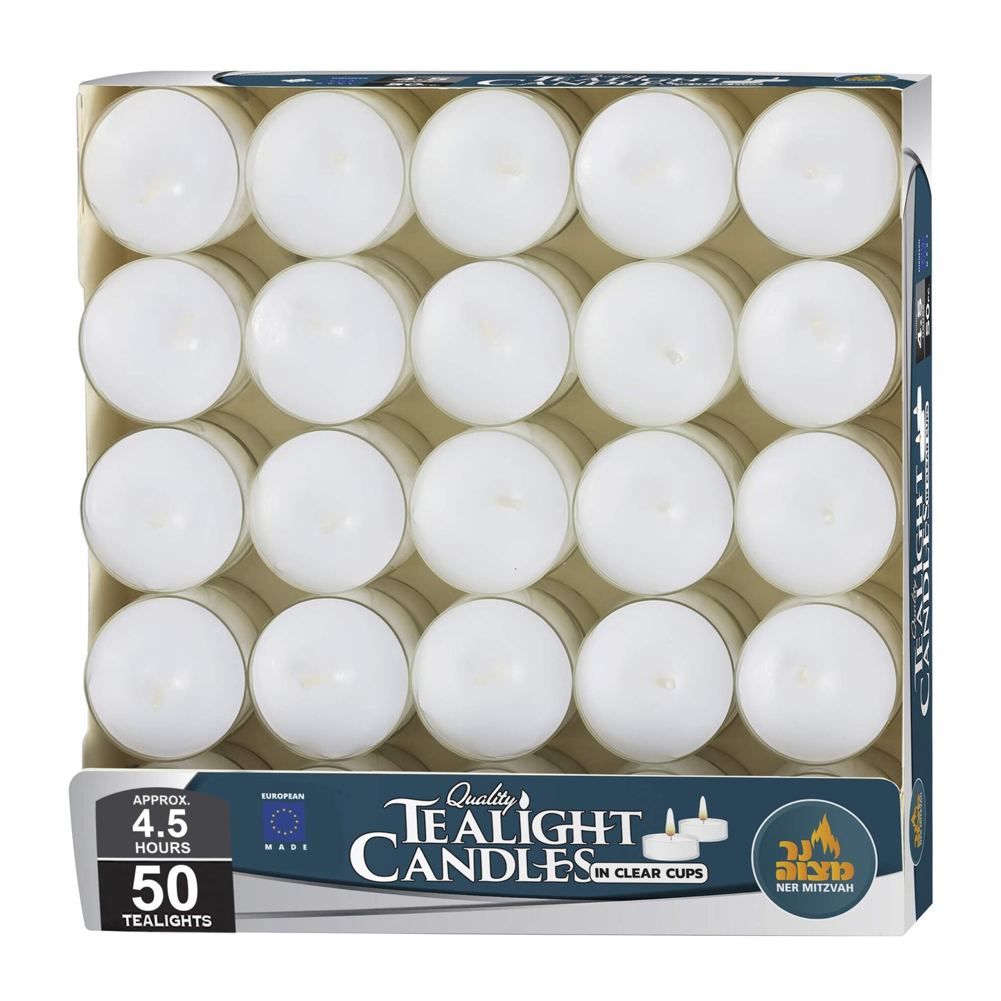 Ner Mitzvah Tea Light Candles - 50 Bulk Pack - White Unscented Tealight Candles in Clear Cup - Long Burning - 4.5 Hour