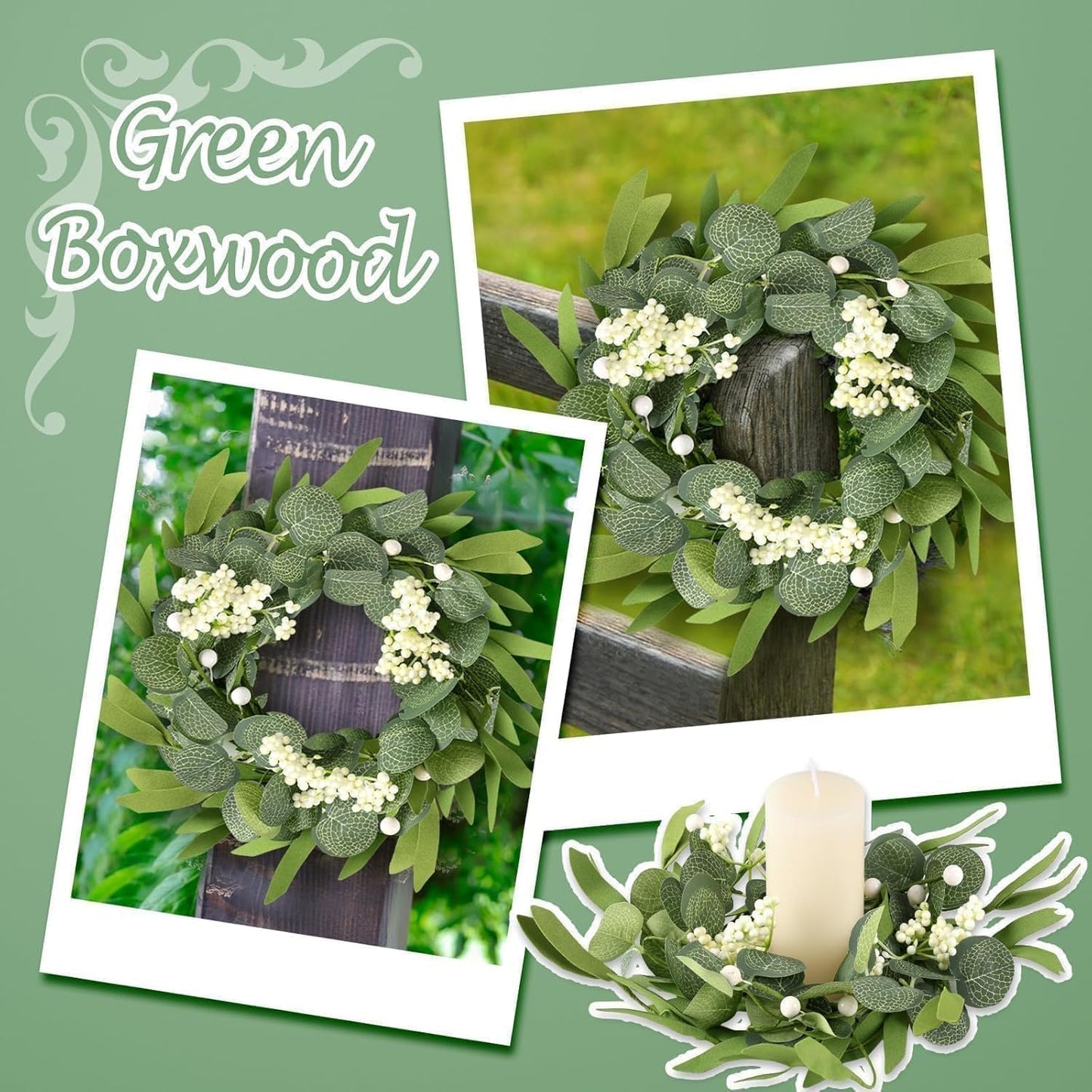 4 Pcs Green Artificial Eucalyptus Candle Rings Wreaths Mini Green Kitchen Cabinet Wreath Table Centerpieces Spring Summer with White Berry for Pillars Farmhouse Porch Front Door Wedding Decor