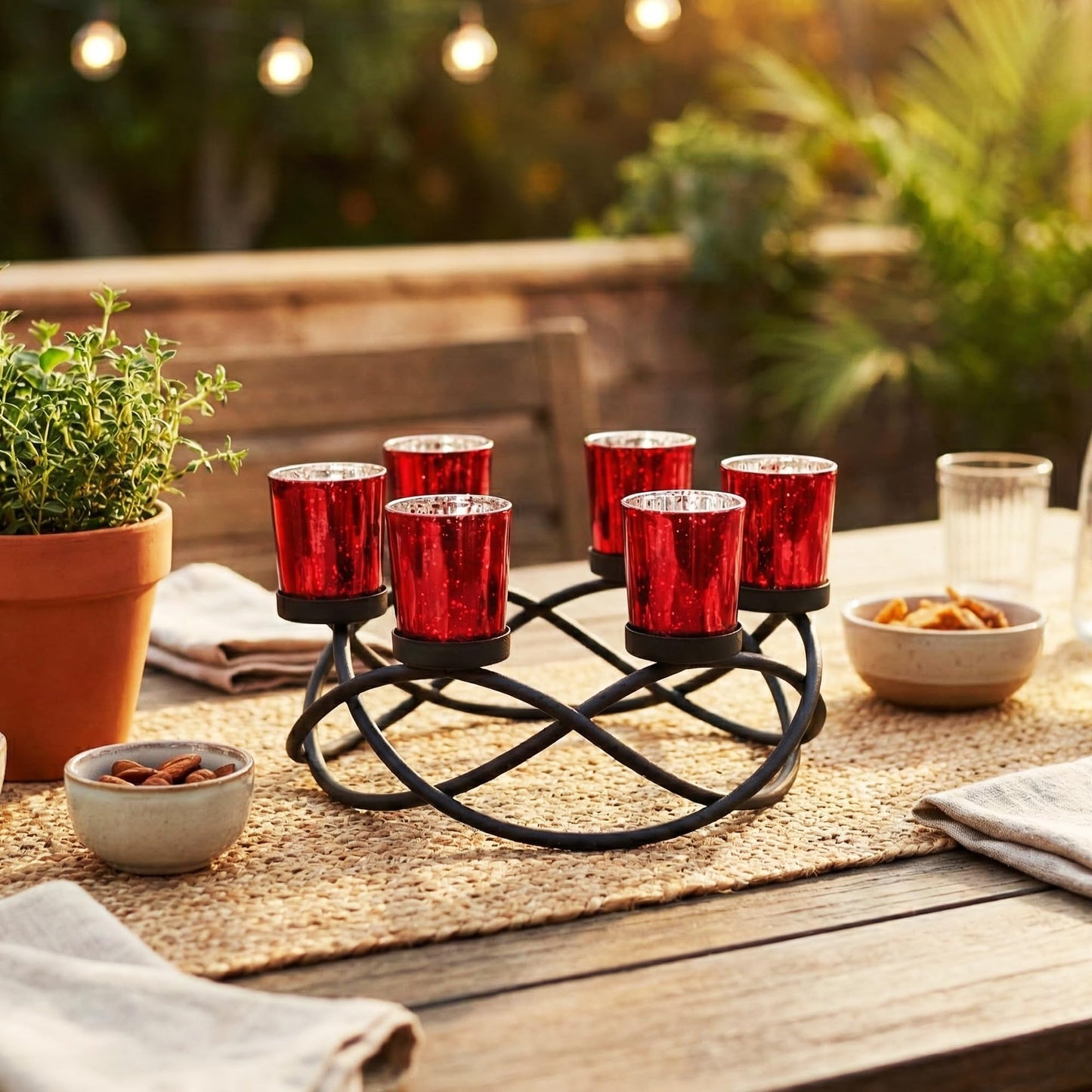 Seraphic Centerpieces for Table Decorations - Round Candle Holders for Outdoor Patio, Dining, Kitchen, Coffee & Wedding Table Decor, Black Iron Candelabra, 6 Red Glass Votive Tealight Cups