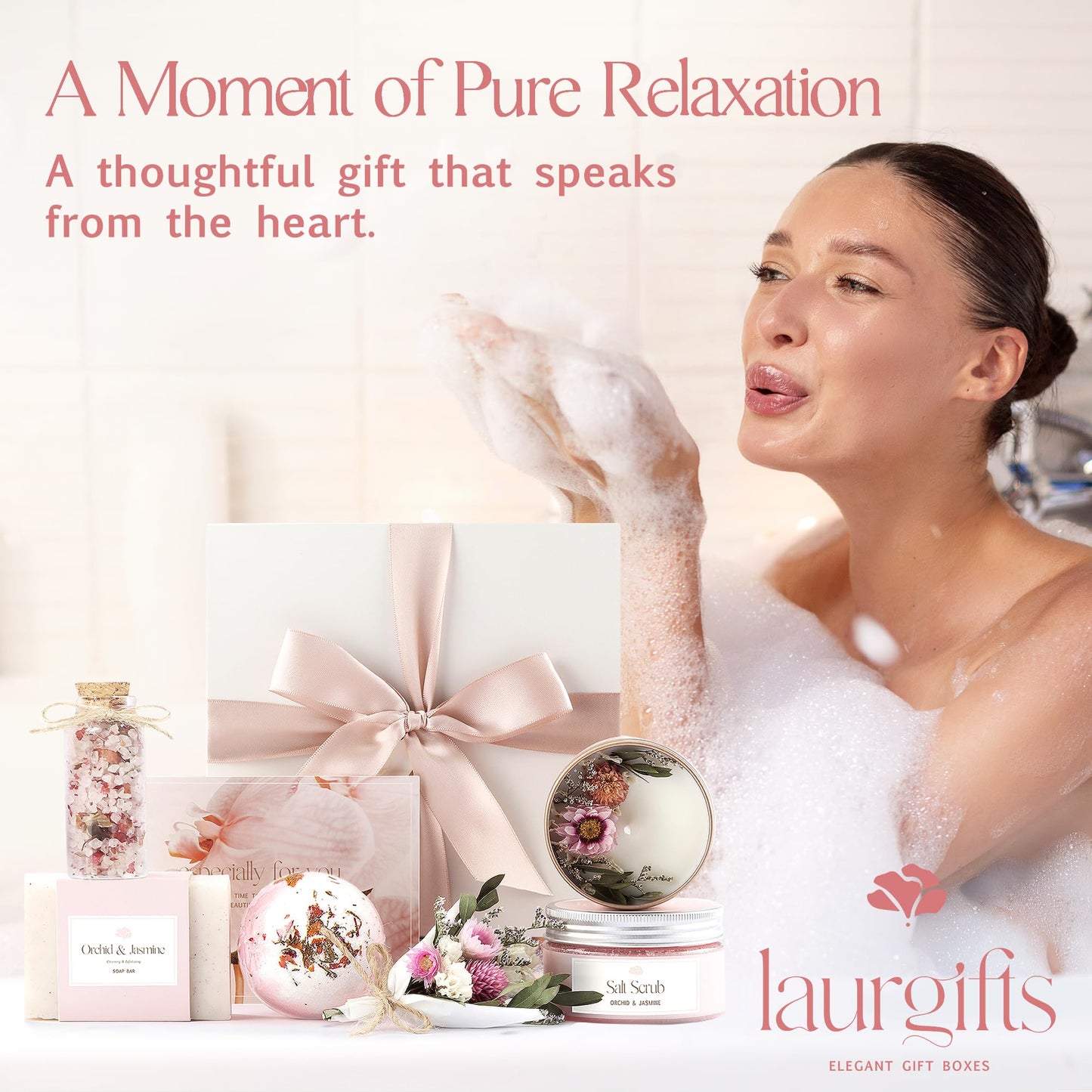 Birthday Gifts for Women – Orchid & Jasmine Spa Gift Basket, Luxury Candle Set & Bath Sets Self Care Box, Gift for Mom, Wife or Friend