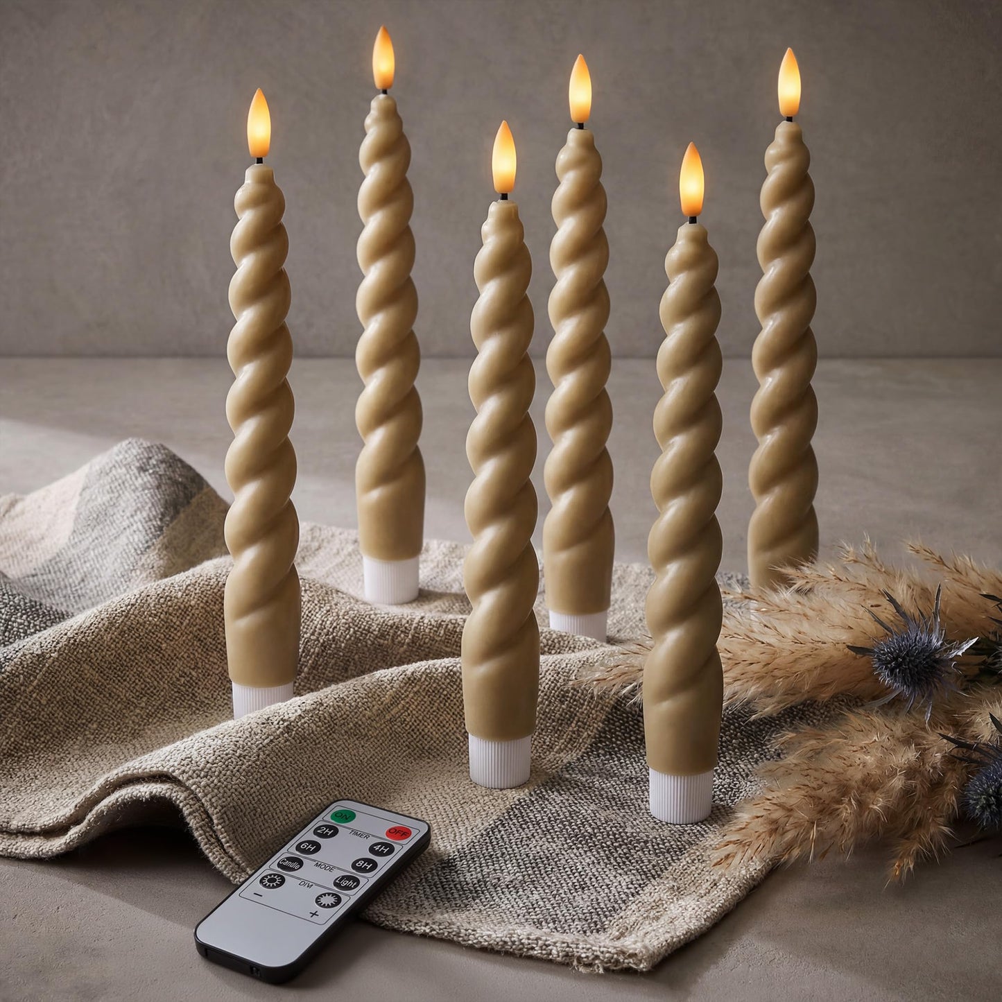 West Ivory Full Twisted Spiral Flameless LED Taper Candles – Light Tan, Set of 6 – 2/4/6/8-Hr Timer (24-Hr Memory), Remote, Dimmable, Bottom On/Off Button, Flicker/Steady, Battery Operated