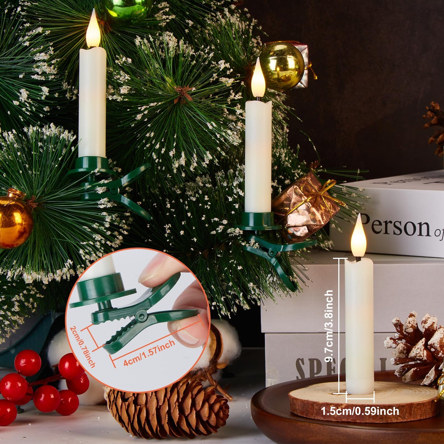 IMAGE 12Pcs LED Taper Candles Light Set Flameless 3D Wick Ivory Candles with Clip-on Christmas Tree Design, 10-Key Remote with Timer, Warm White Light, Battery Operated for Versatile Decoration