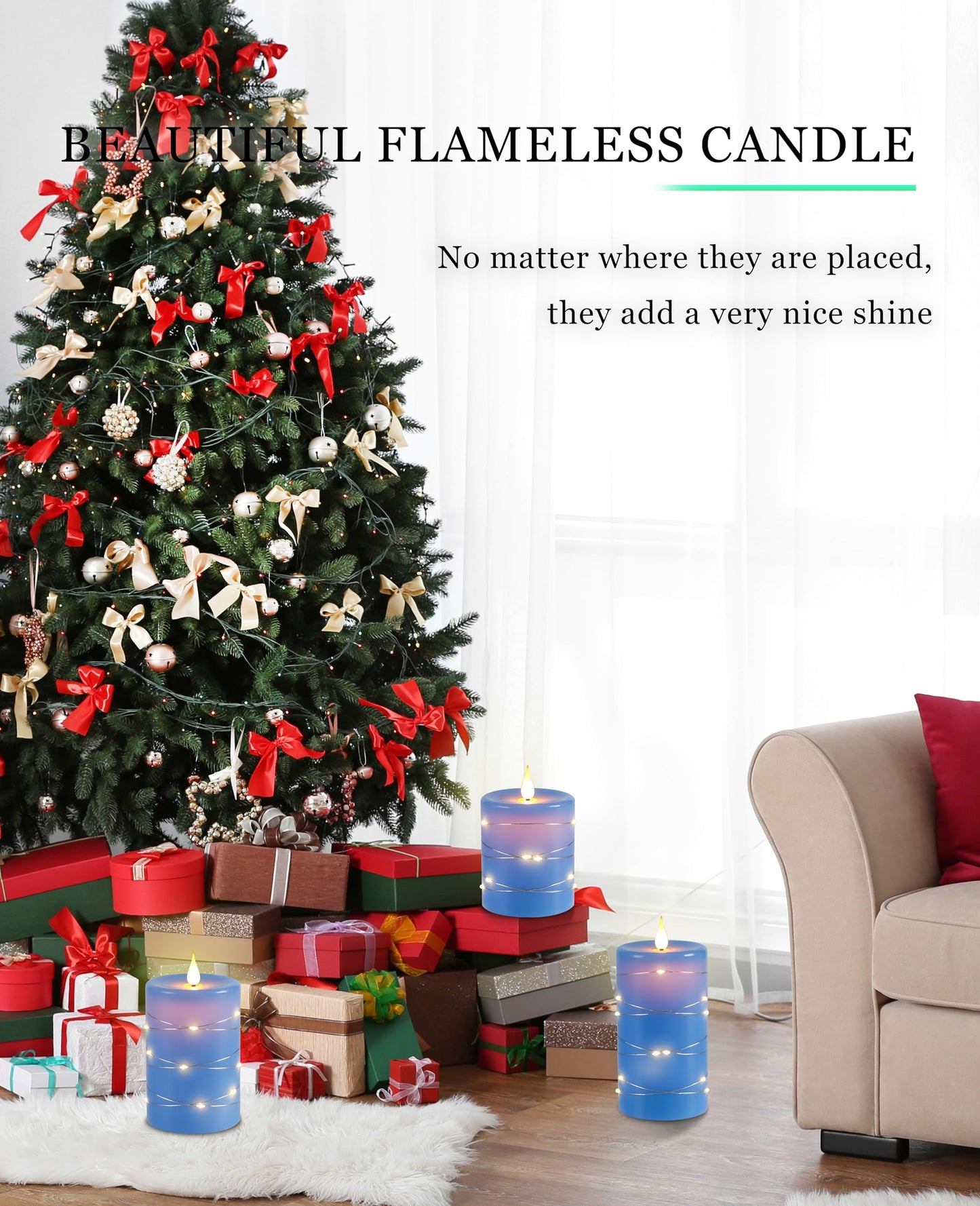 Da by 3 Pack Blue Real Wax Flameless Taper Candles, Lifelike Flickering LED Flame Candles with Surrounding Fairy String Lights, Soft Warm Battery Candles with Remote for Home Wedding Holiday Decor