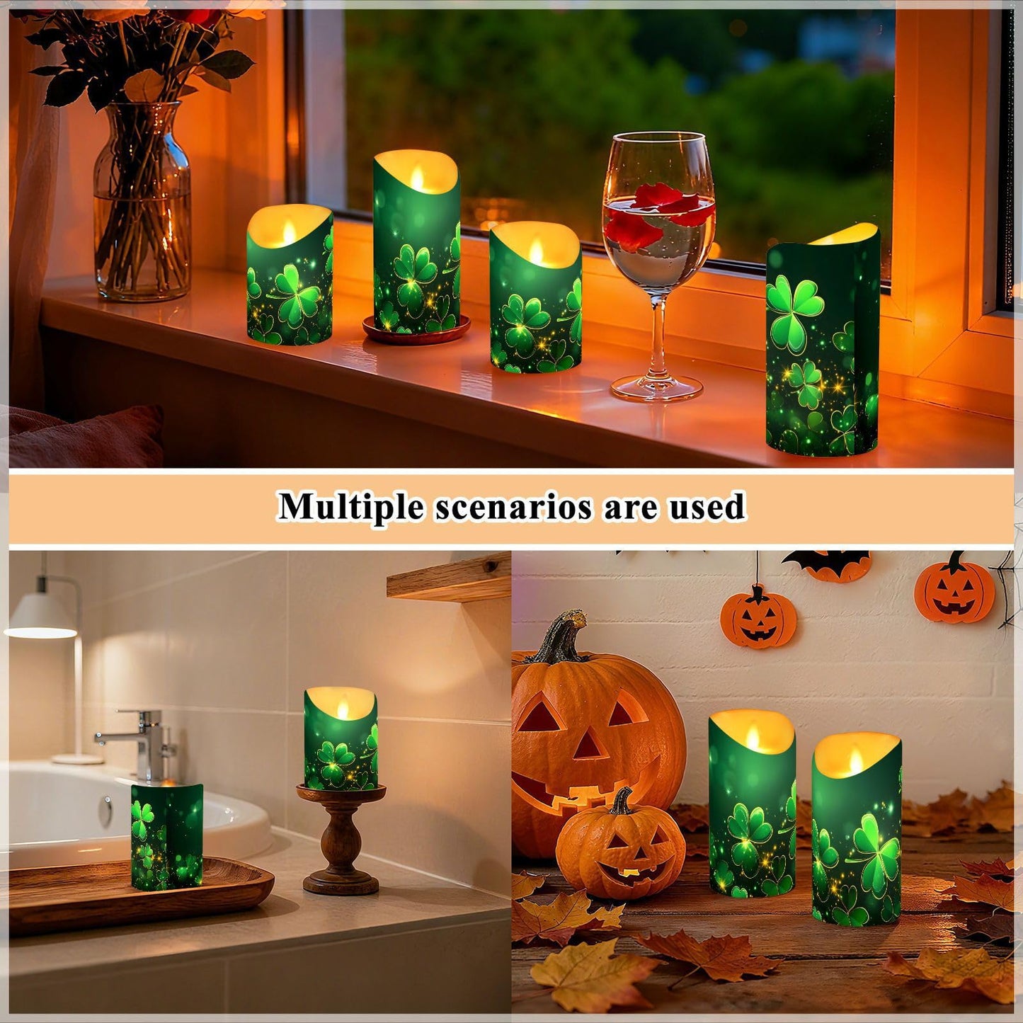 St. Patrick's Day Flameless Candles Set of 2 Clover Pattern C Realistic LED Candles with Remote Battery Operated Holiday Decorations