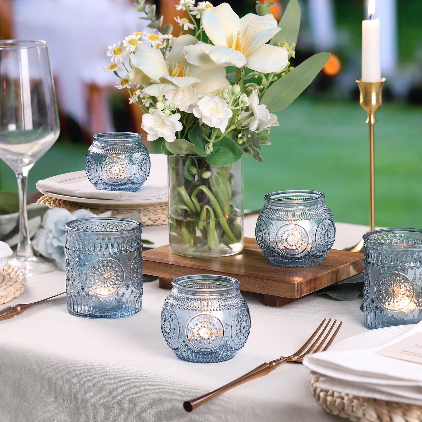 DARJEN Blue Votive Candle Holder Set of 20, Upgraded Size Tea Light Candle Holder Glass for Wedding Table Centerpieces, Elegant Bulk Votive Holders for Party, Proposals and Wedding Shower