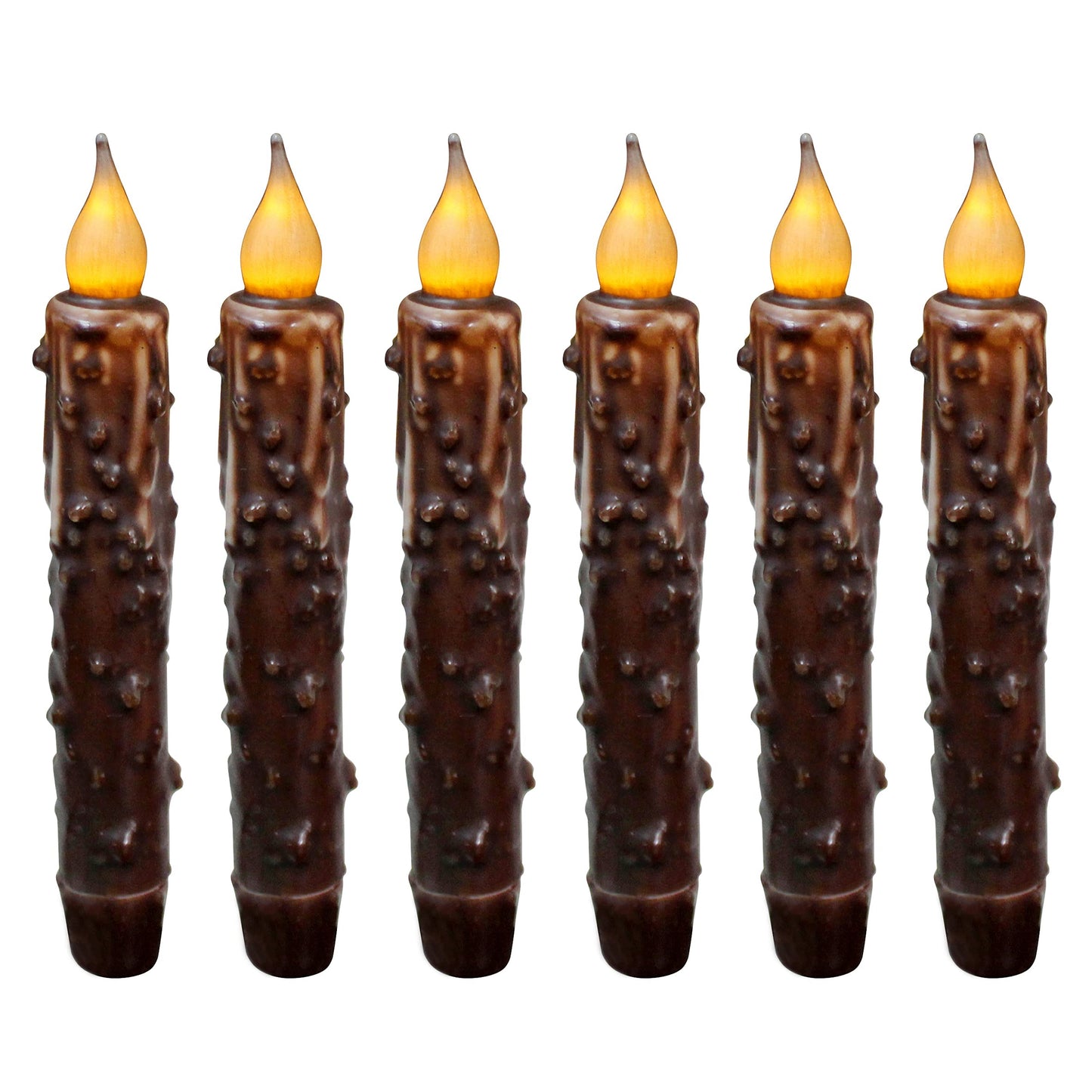 CVHOMEDECO. Real Wax Hand Dipped Battery Operated LED Timer Taper Candles Rustic Primitive Flameless Lights Décor, 6-3/4 Inch, Brwon, 6 PCS in a Package
