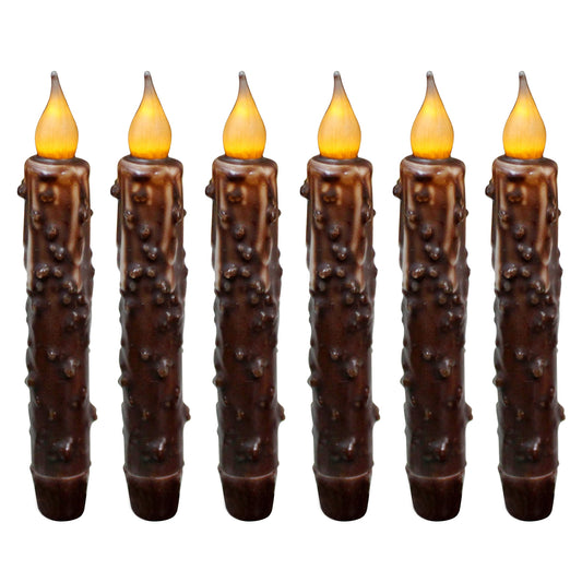 CVHOMEDECO. Real Wax Hand Dipped Battery Operated LED Timer Taper Candles Rustic Primitive Flameless Lights Décor, 6-3/4 Inch, Brwon, 6 PCS in a Package