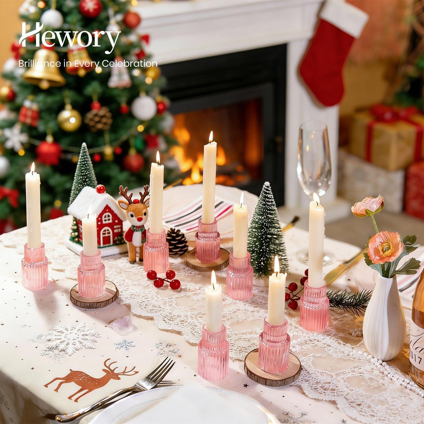 Hewory Glass Pink Candle Holder: 2PCS Valentines Taper Candle Holders for Table Centerpiece, Tapered Candlestick Holders for Valentines Day Decorations Gifts Anniversary Wedding Holiday Home Decor