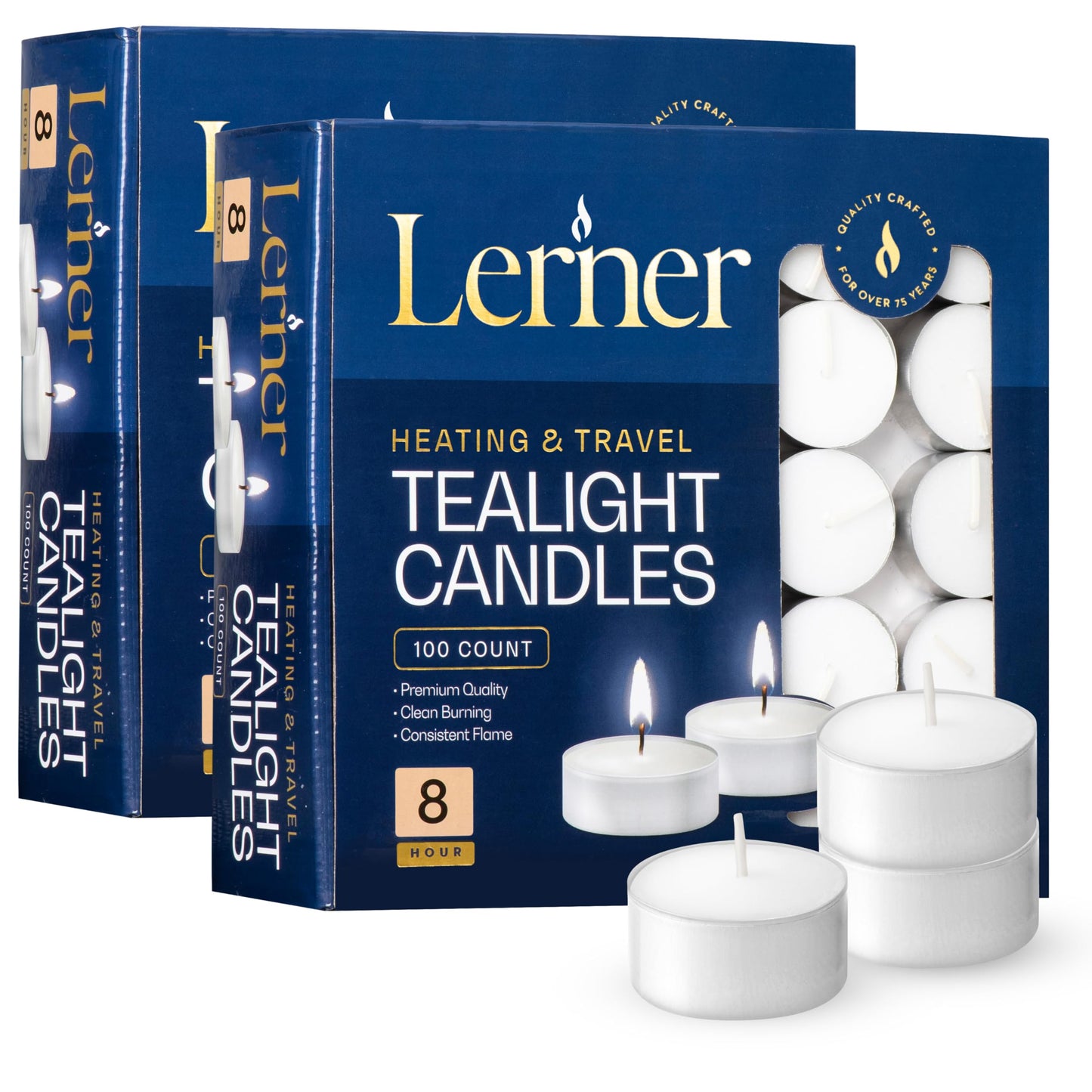 Lerner Tealight Candles, 200 Count| 8 Hours Long-Burning White Tea Light Candles| Non-Toxic, Smokeless & Soot-Free Tea Light Warmer Candles | Unscented Party, Décor, Shabbat Tea Candles