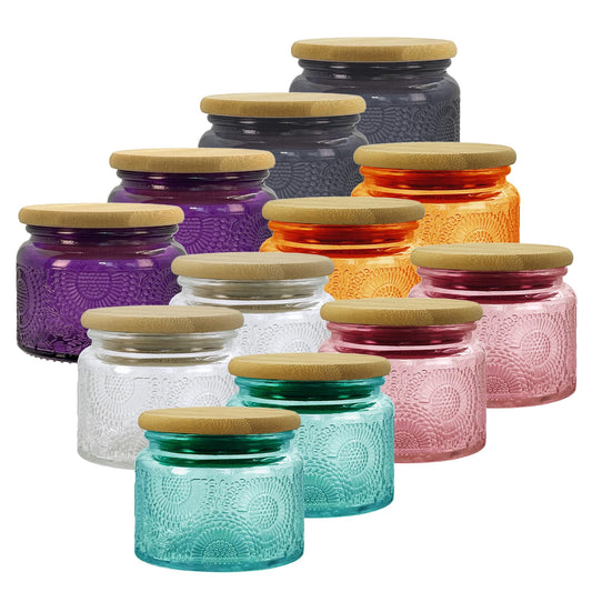 LINGSHINE 4 oz Colored Mini Glass Jars with Airtight Bamboo Lids 12 pack, Decorative Small Food Storage Canister, Vintage Embossed Home Décor Candle Parties Wedding Baby Shower Favors Gift