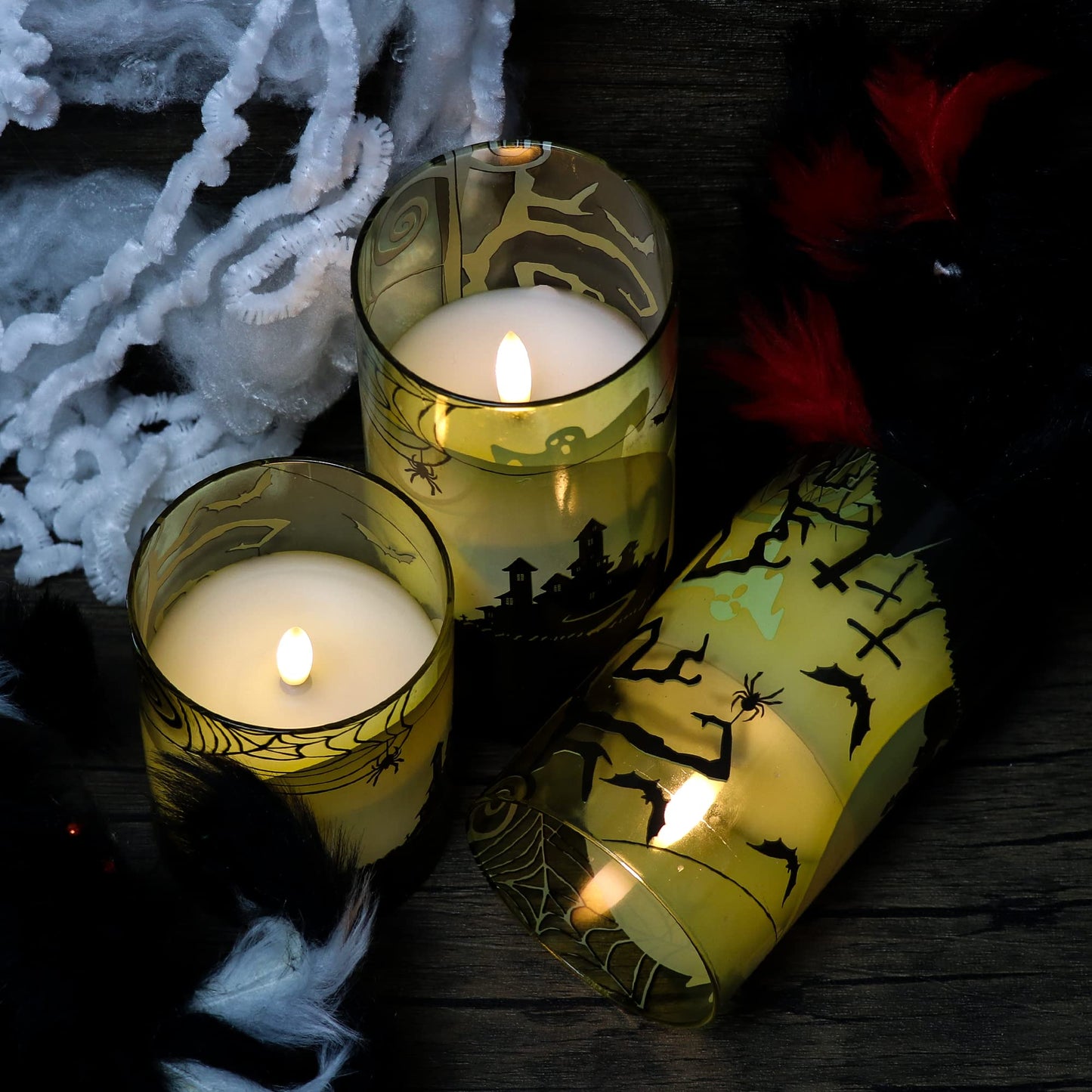 GenSwin Halloween Candles Flameless with Remote Timer, Flameless Candles with Spider Web, Ghost, Castle Decals, 3 Pack Green Glass Battery Operated Candles with 3D Flickering Flame for Fall Decor