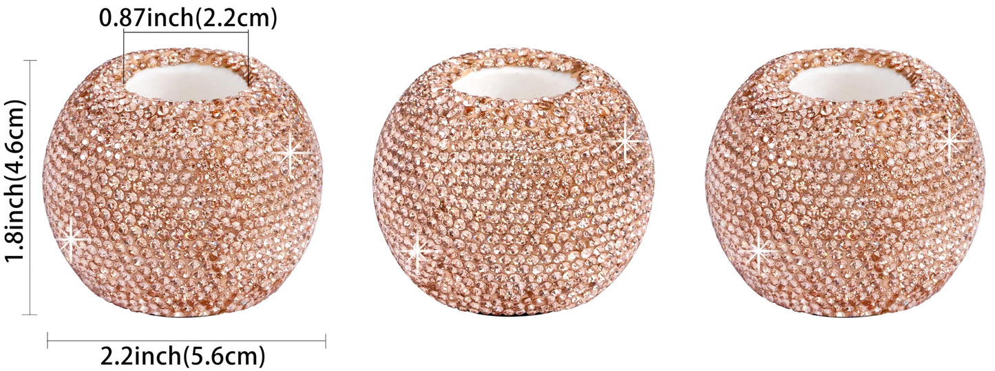 Vixdonos Round Resin Rhinestones Candlestick Holders Set of 3 Ceramic Candle Holder Bulk for Taper Candles,Rose Gold