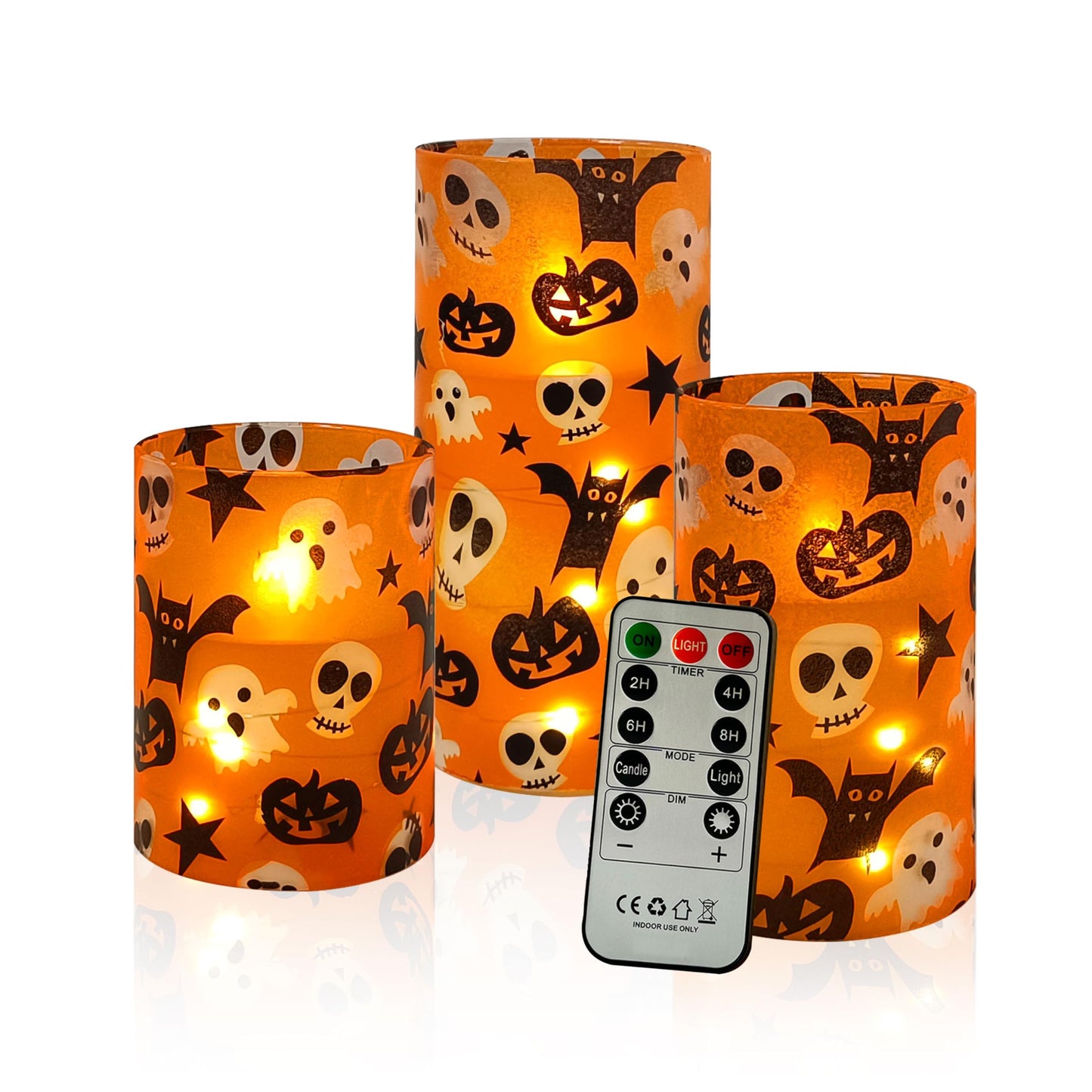 Flickering Flameless Candles Halloween Pumpkin Ghost Print, Embedded Star String Lights, Battery Operated Acrylic LED Pillar Candles with 11-Key Remote and Timer for Home Decoration, 3 Pack