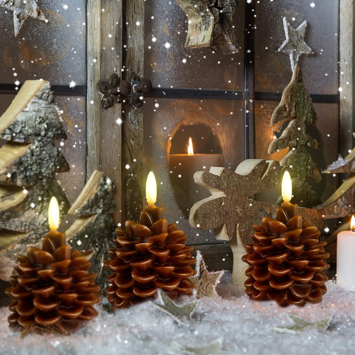 Hortsun 4 Pieces Christmas Pinecone Candles Flameless Acorn Decor LED Pinecone Candle Decor Real Wax Unscented Battery Operated Candle for Thanksgiving Christmas Winter Holiday Decoration(Brown)