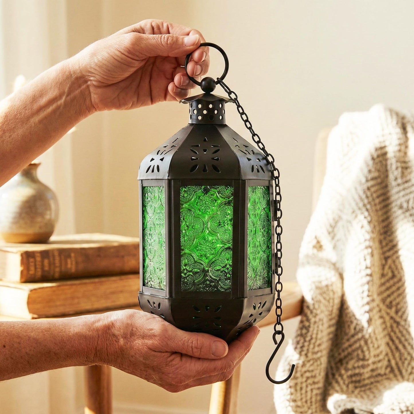 Vela Lanterns Hanging Moroccan Lamp - Exotic Decorative Patio & Porch Decor, Indoor Outdoor Tea Light Candle Lantern Holder with Chain (11" Medium, Green Glass)