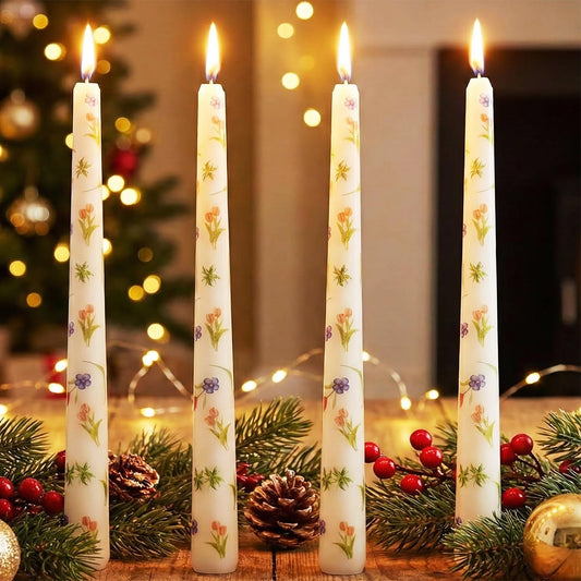 W&LESVAGO 4 Pcs Tulips Print Taper Candles, 10 Inch Ivory Dripless Long Candles Set for Wedding Anniversary Home Decoration Dinner Party (Tulips)