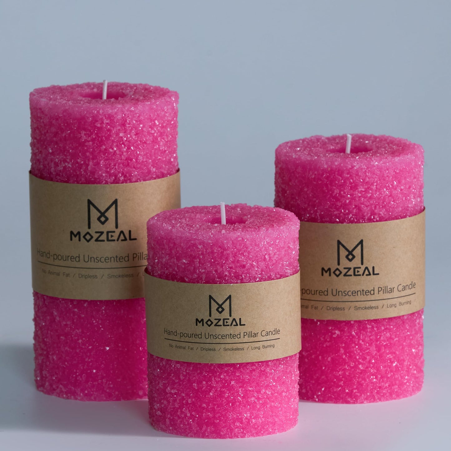 MOZEAL Hand-Poured Granular Texture Decorative Hot Pink Pillar Candles Set of 3 (3"x4", 5", 6"), Dripless, Unscented, Smokeless, for Women Gift, Birthday Party & Playful Valentine’s Décor