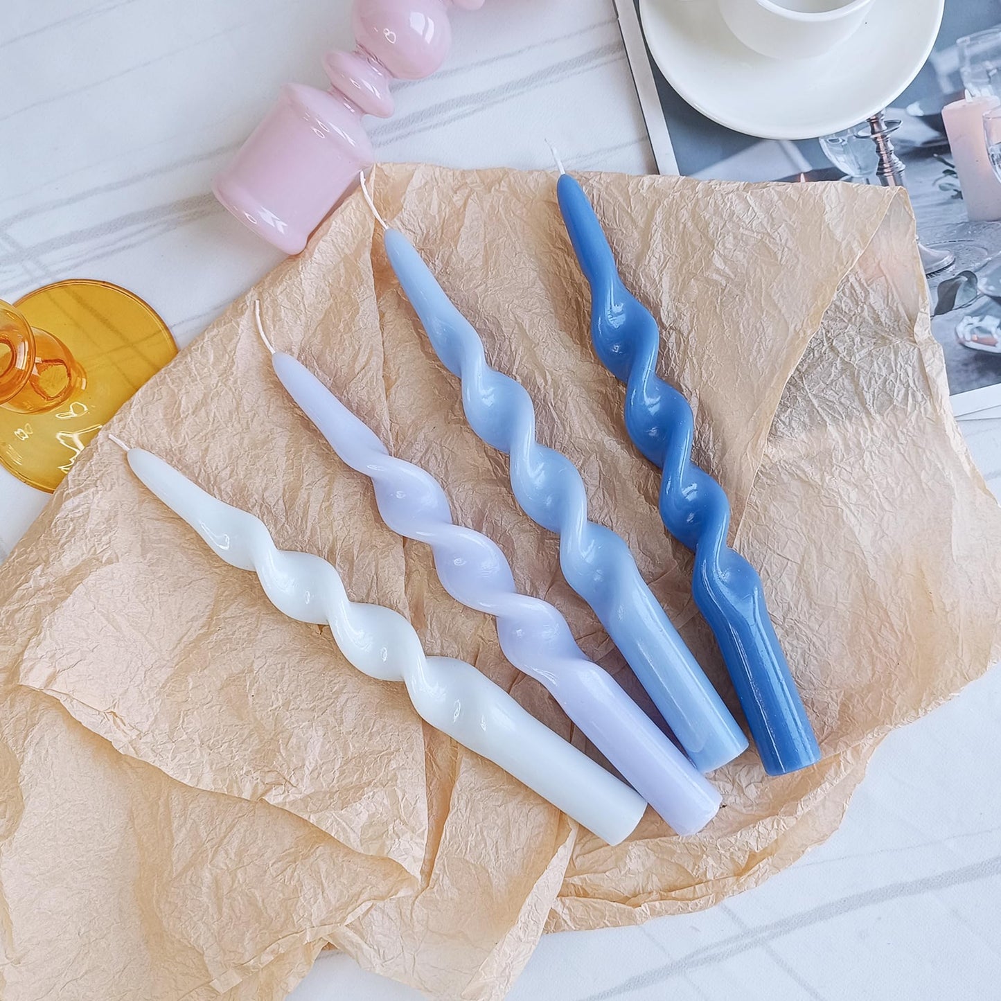 4Pcs Spiral Taper Candle Twisted Candlesticks Blue Gradient Handmade Candle Stick Light Blue Dinner Unscented Candles Long dripless Taper Candles for Home Décor Weddings Festive Seasons Holiday