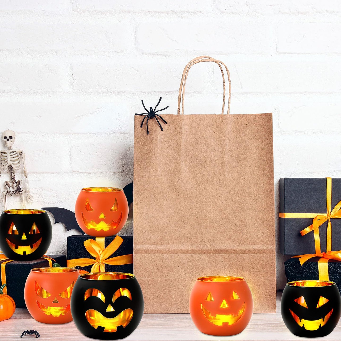 Whaline 6Pcs Halloween Candle Holder Black Orange Pumpkin Face Candlestick Glass Holder for Home Party Table Centerpiece Decor Supplies
