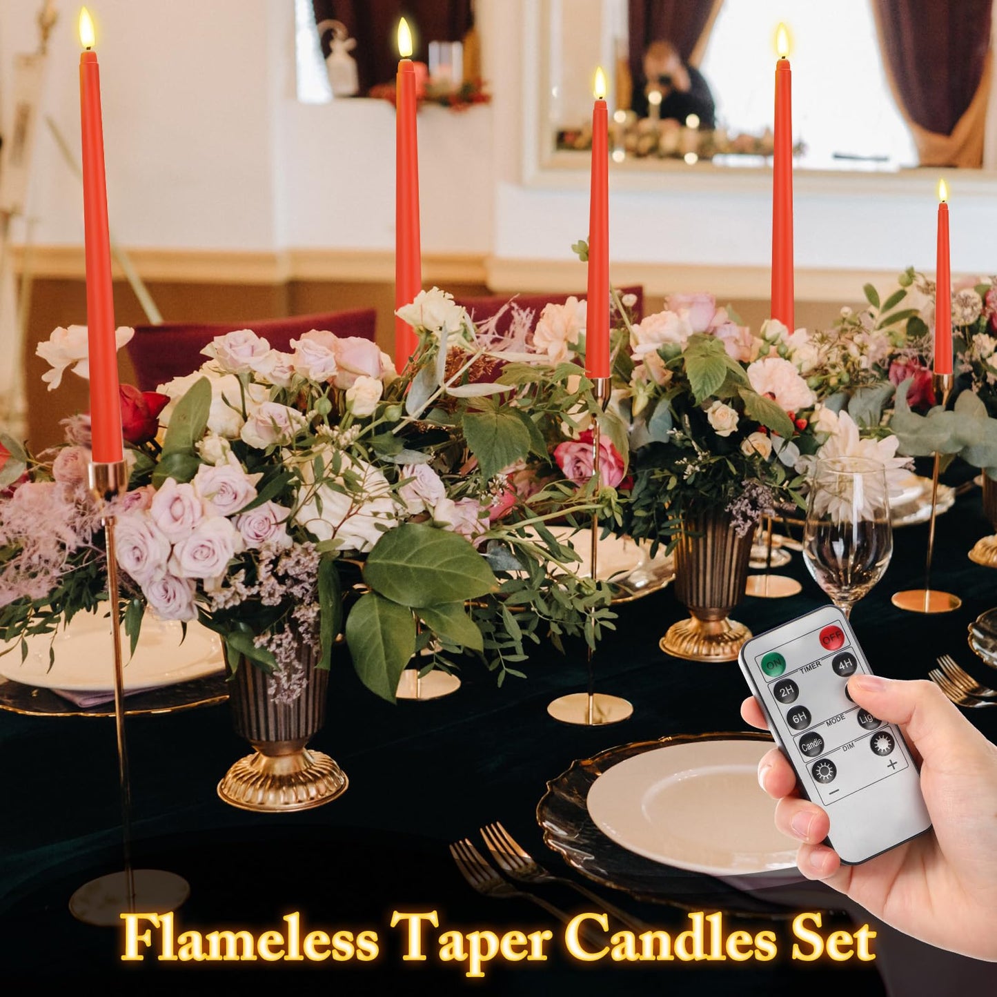 Rossesay 28 Pcs Flameless Taper Candles with Timer Remote 4 Sizes of 8.5", 9.6", 10.83", 12.8" LED Flickering Taper Candles Battery Operated for Valentine's Day Church Wedding Home Decor(Orange)